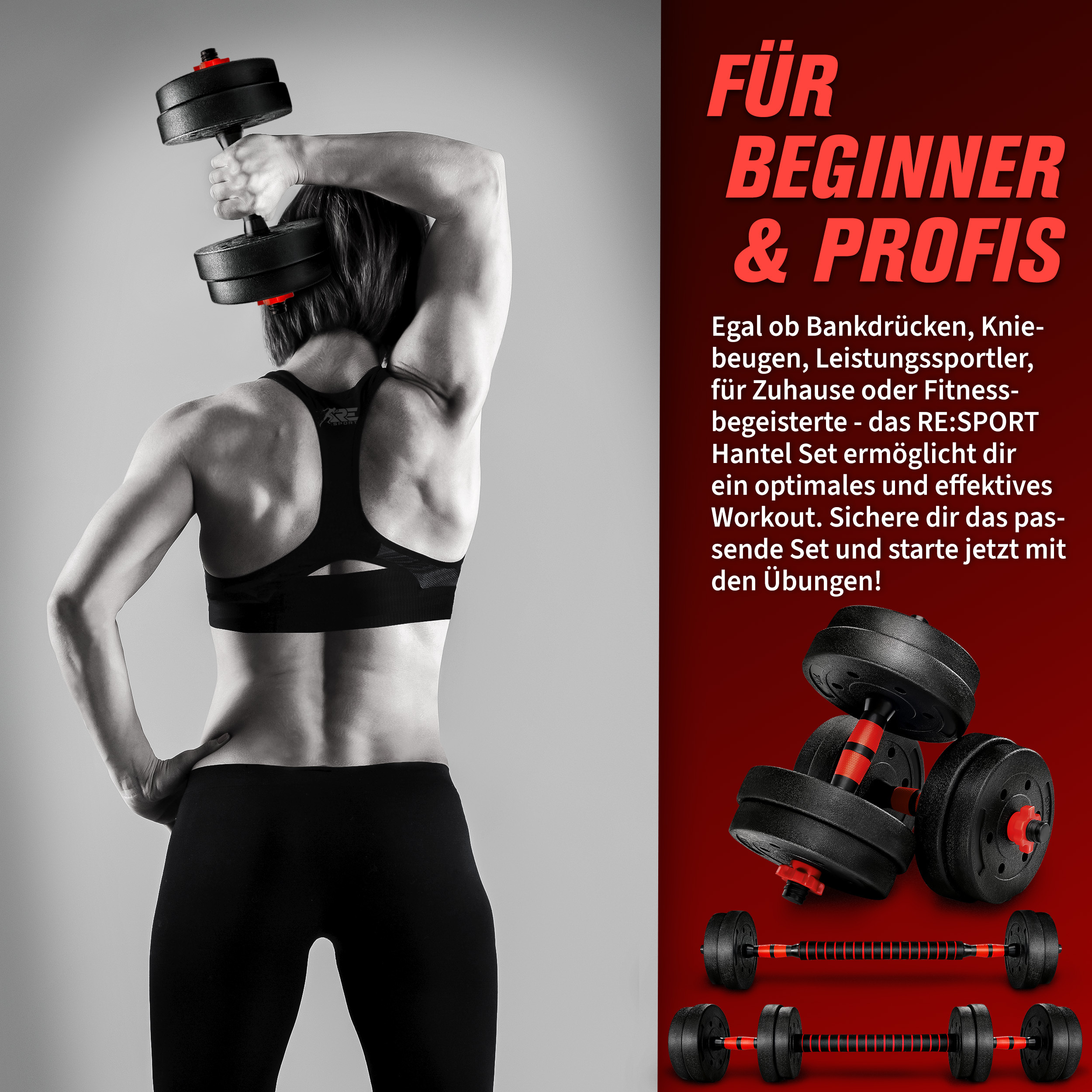 RE:SPORT 2-in-1 Dumbbell Set 20 kg | Verstelbare Dumbbell Set | Korte Dumbbell & Lange Dumbbell | Sterluchtingen & Verbindingsbuis
