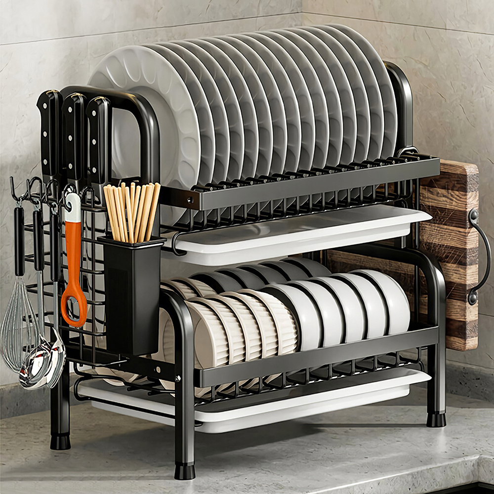 TEMU 1 Piece, Black Two-layer, Carbon Steel Vertical Dish Rack, Household Dish And Kitchen Utensil Storage Rack, Can Store Cutting Boards/pot