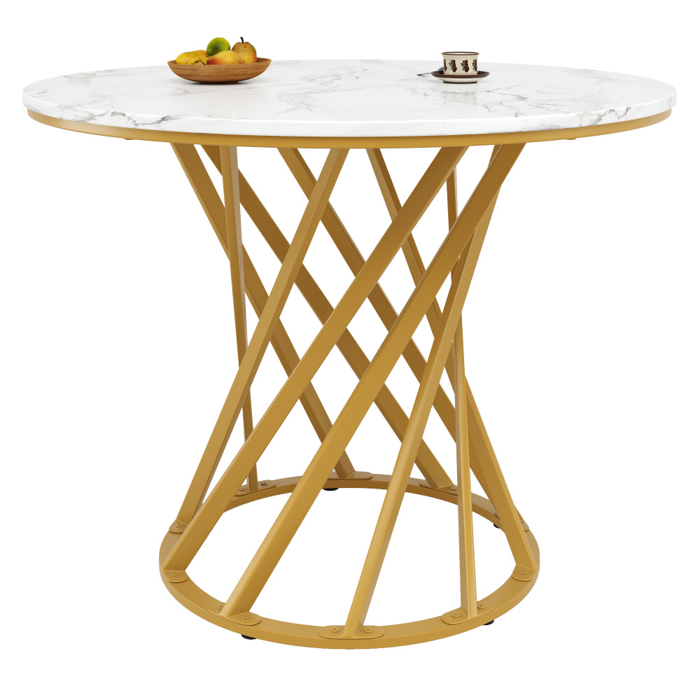 Round Dining Table (80x80x76cm), Kitchen Table, Round Coffee Table For 4, Suitable For Dining Room, Living Room, Metal Table Legs, Marbled Table Top.