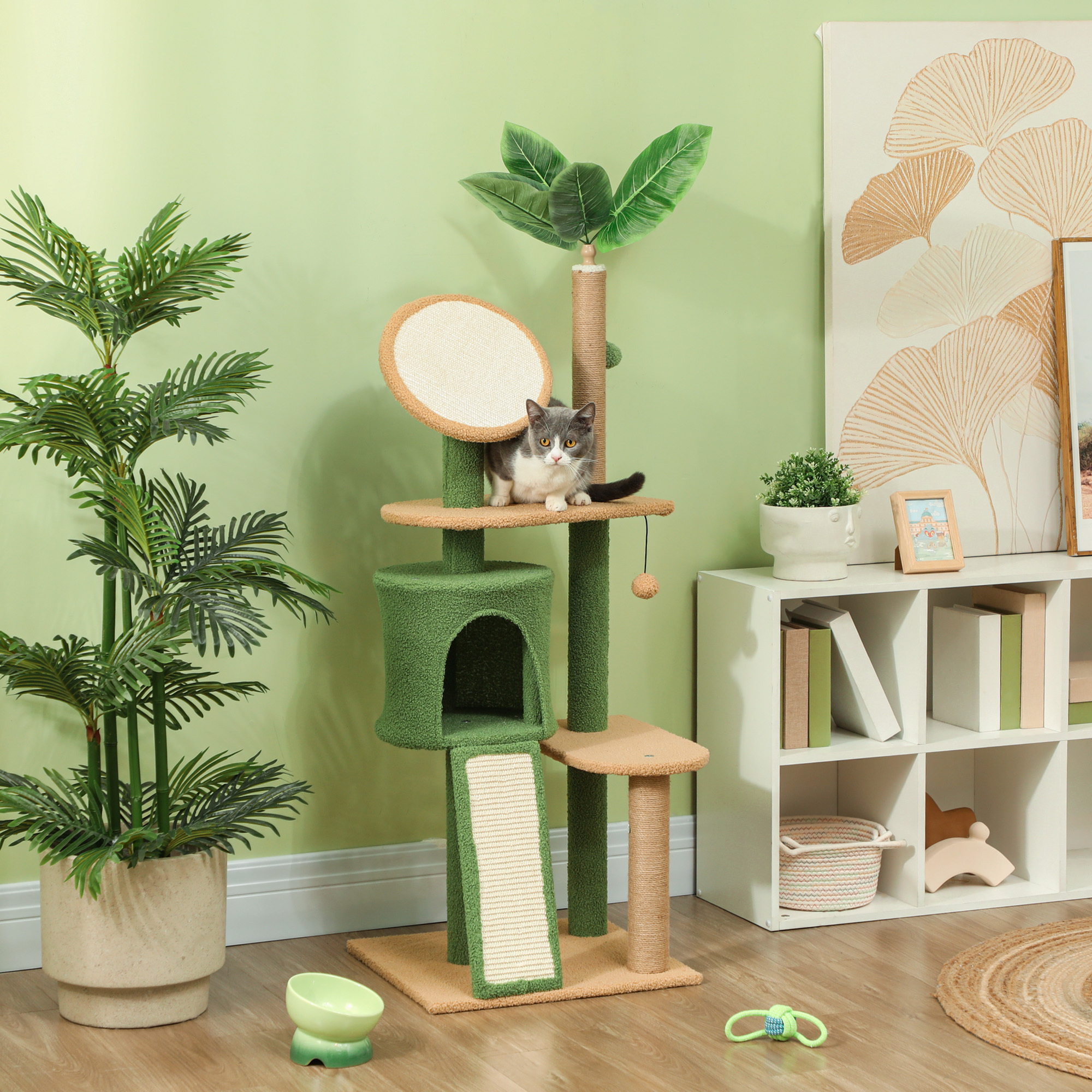 Image of Scratch Tree 139cm High, Multi-level Cat Tree With Cave, Sisal Scratching Posts, Scratching Board, Cat Scratching Tree With Play Balls, Cat Furniture For Cats Up To 5 Kg, Green