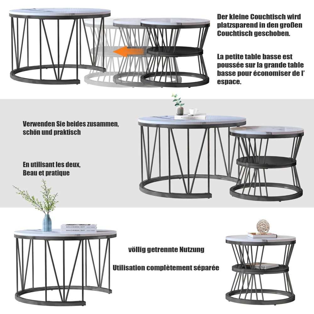 Set Of 2 Modern Round Coffee Tables With Metal Frame, Side Table, Coffee Table, Living Room Coffee Table, 70 X 70 X