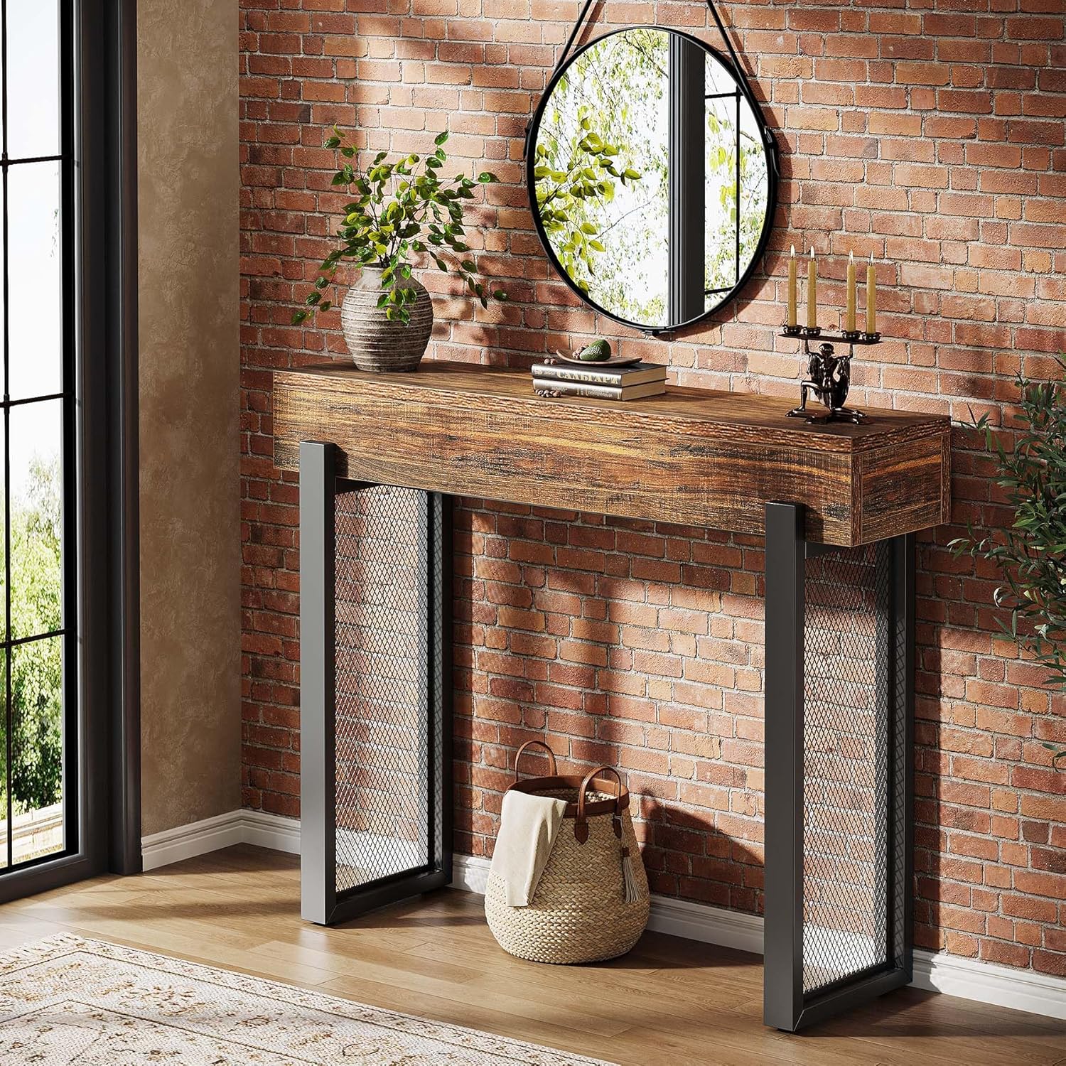 Image of 105 Cm Modern Console Table With Storage Space, Industrial Small Entrance Table With Mesh Metal Legs, Vintage Narrow Sofa Table Behind Couch For Living Room, Entrance, Foyer, Hallway, Rustic