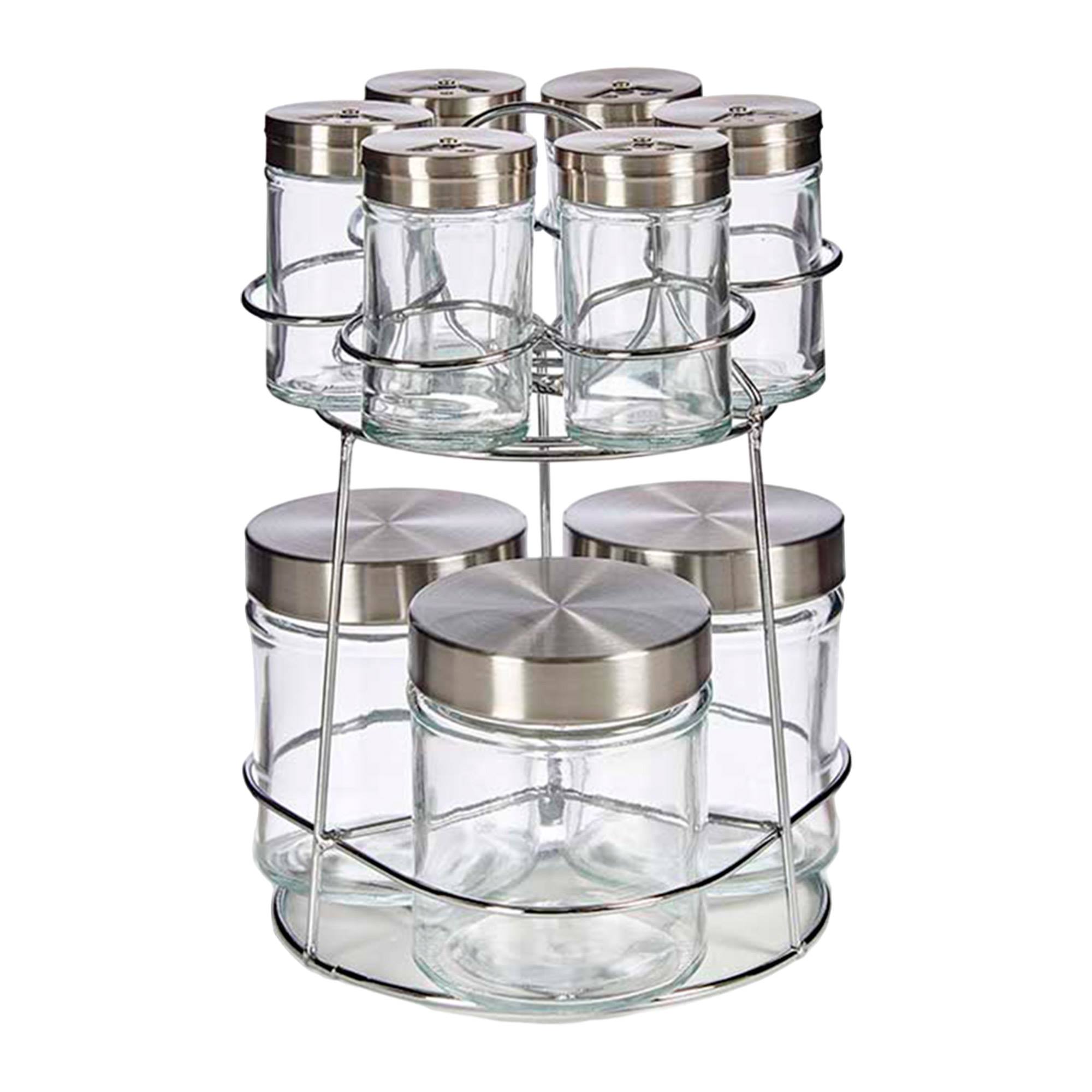 Image of Set Of 9 Round Metal Stand Glass Jars, Vivalto Collection, 85+320ml