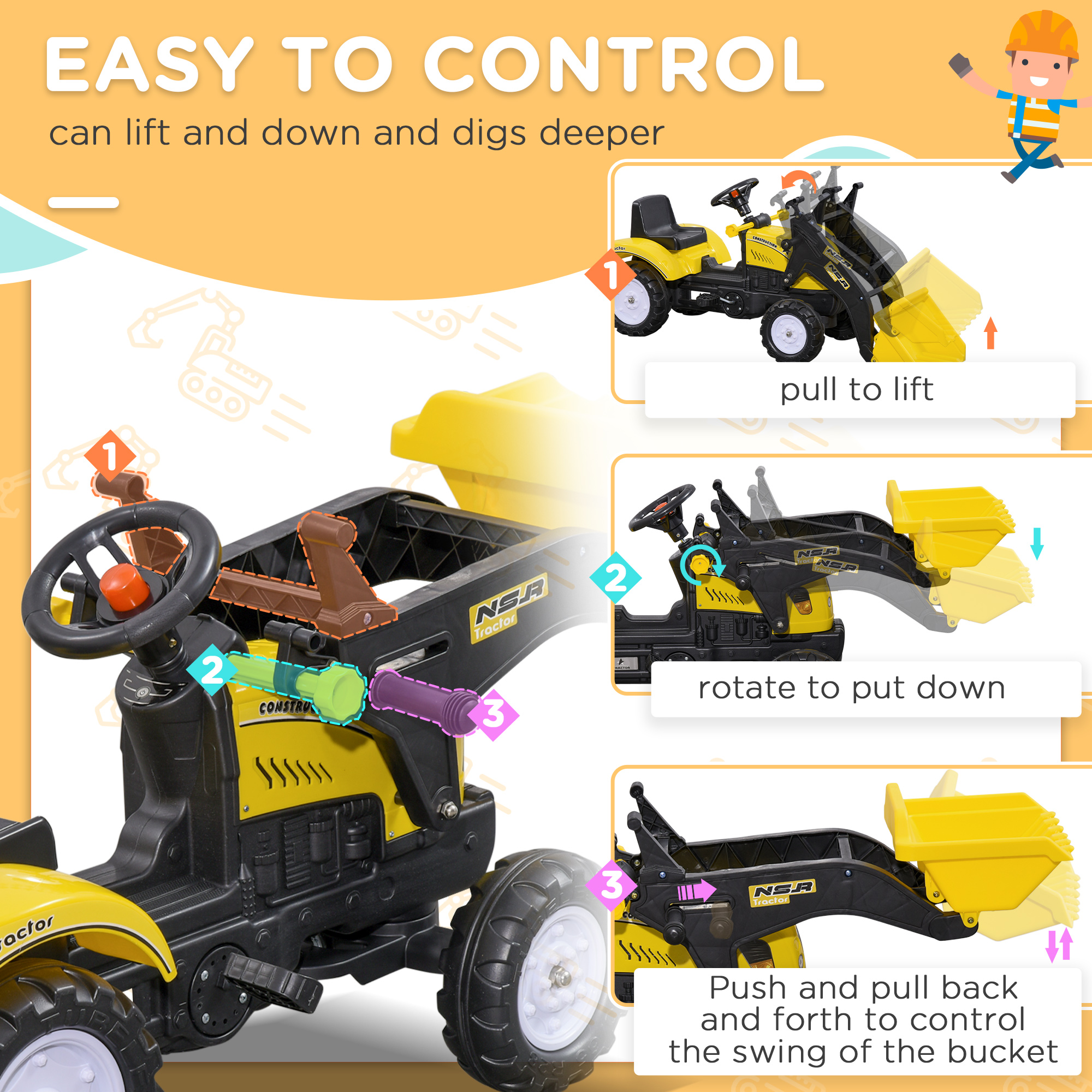 Pedal Go Kart Ride-On Excavator with Front Loader for Kids