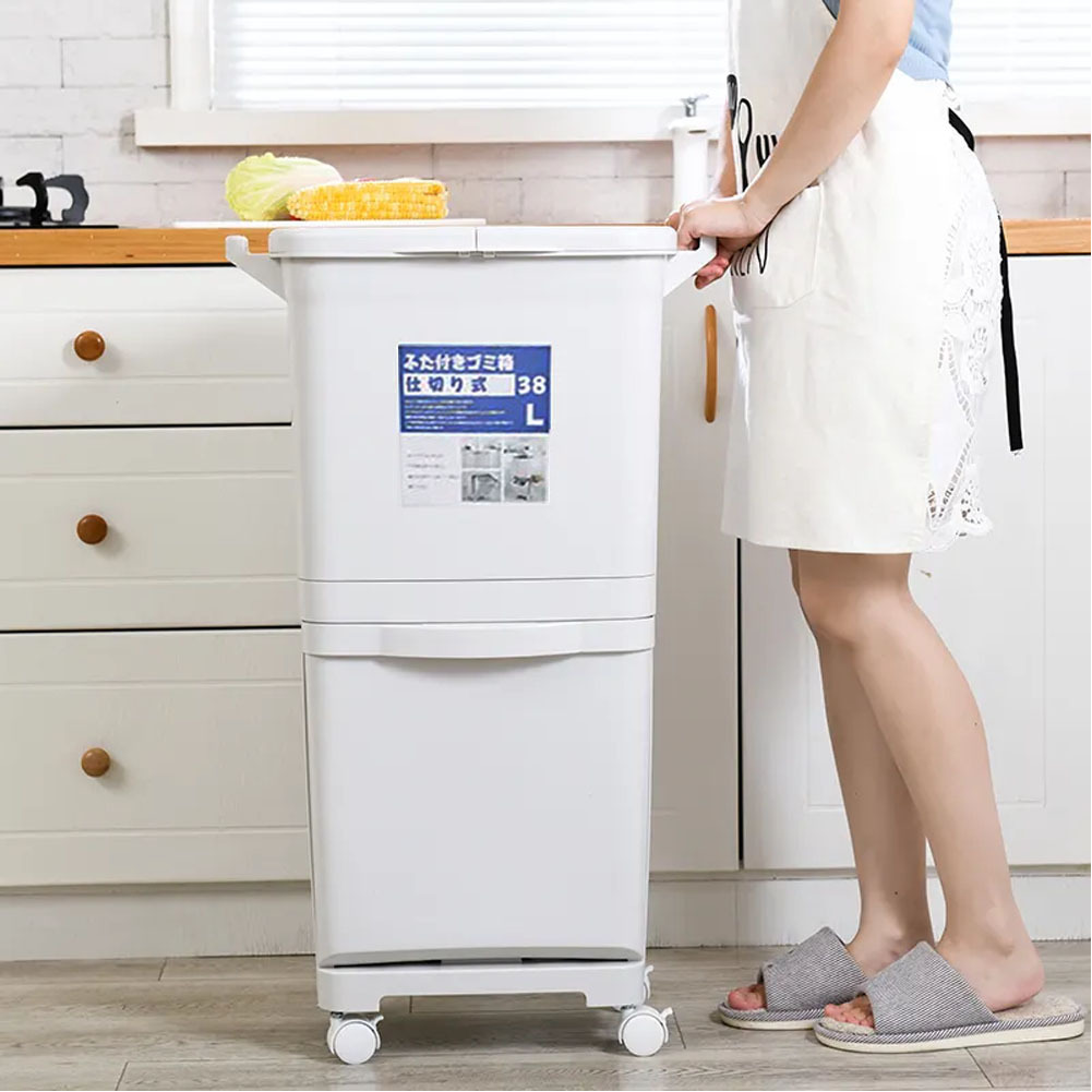 TEMU 38l 2 Tier Rolling Recycling Waste Bin Room Dry Wet Rubbish Trash Can Dustbin Home Office