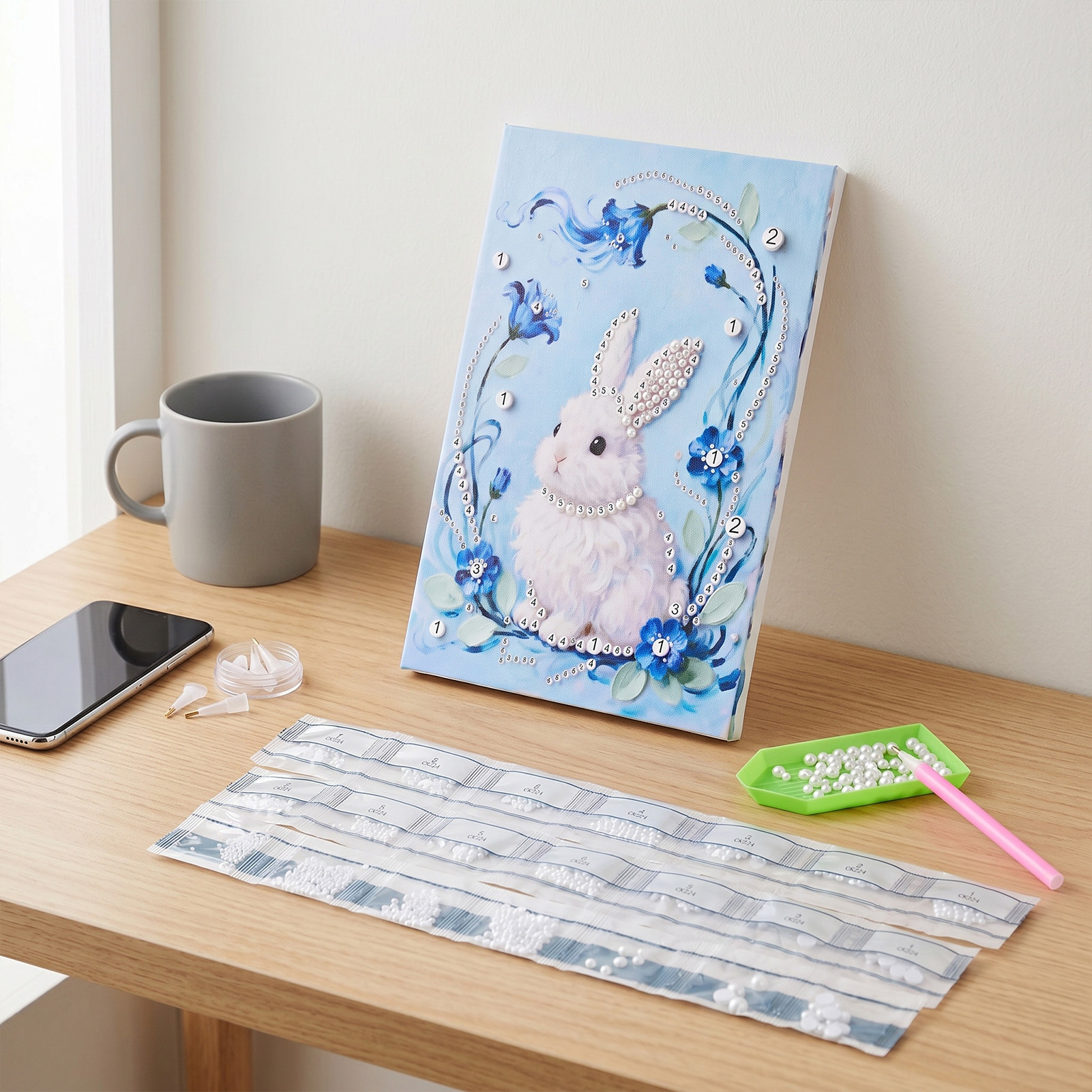 DIY Pearl Painting Kit with Frame, Cute Rabbit Design 3D Diamond Art