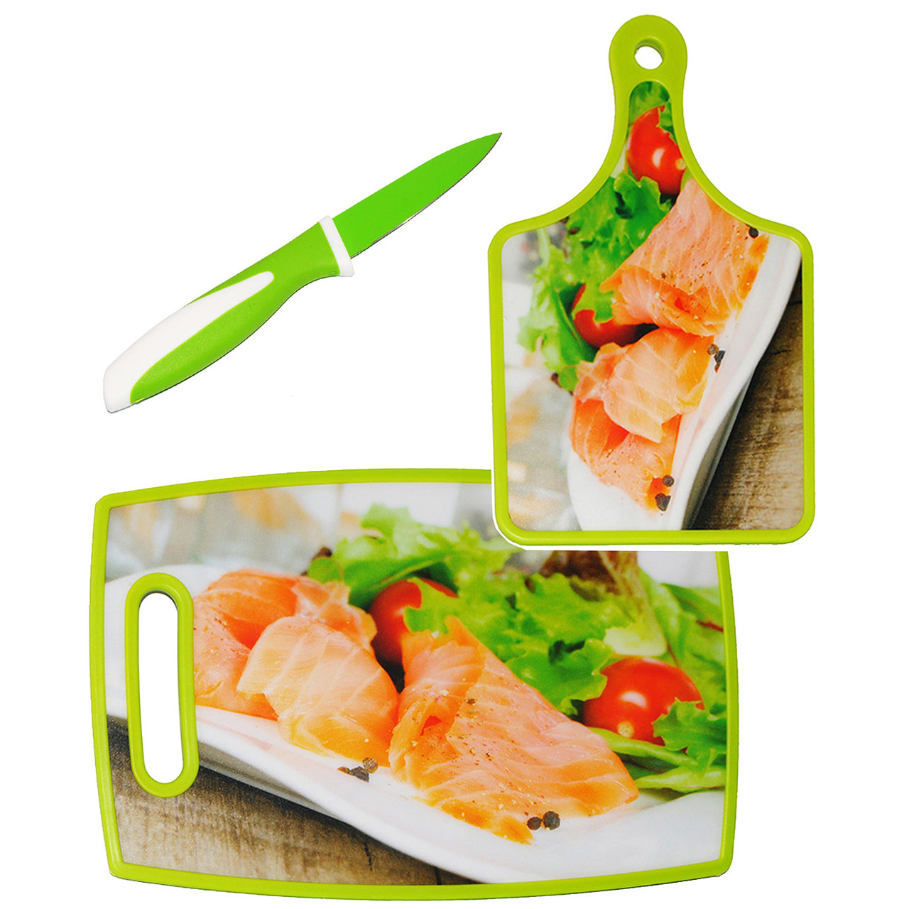 Image of 3-piece Set: Knife & 2 Cutting Boards / Breakfast Board - "fish - Green" - Made Of Heat-resistant Plastic & Silicone - Non-slip - Coaster / Mat