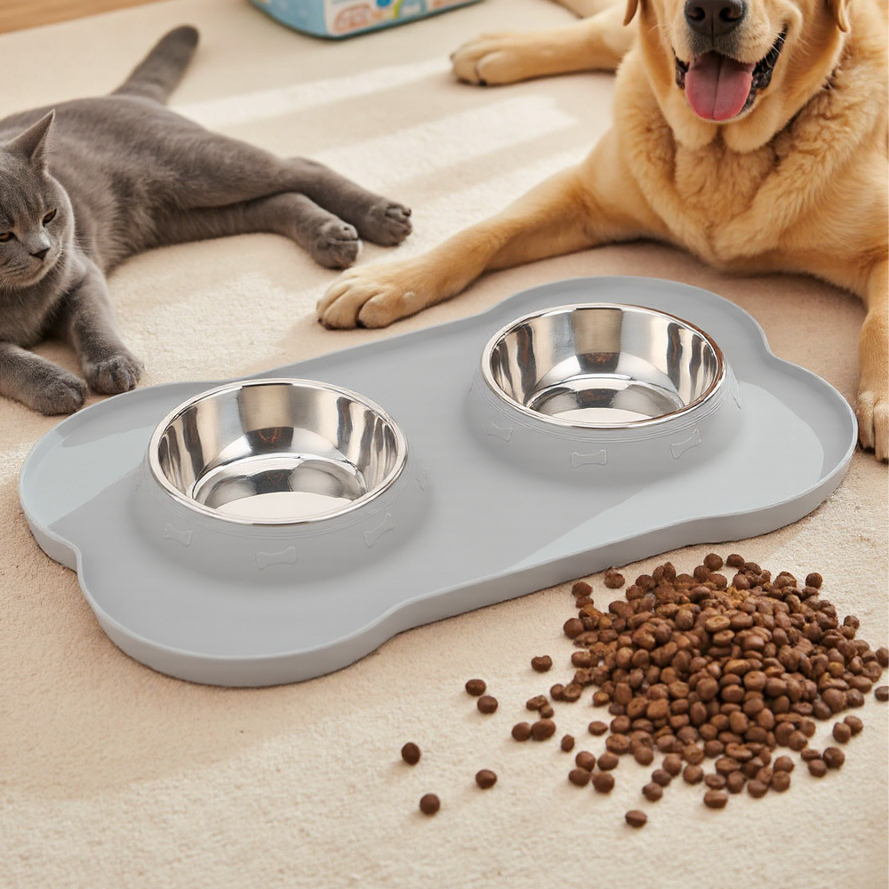 Dog Double Feeding Bowl Cat Food Bowls with Mat Tray for Dogs Cats with Non-slip Bottom Gray 18.5x29.5x3.5cm