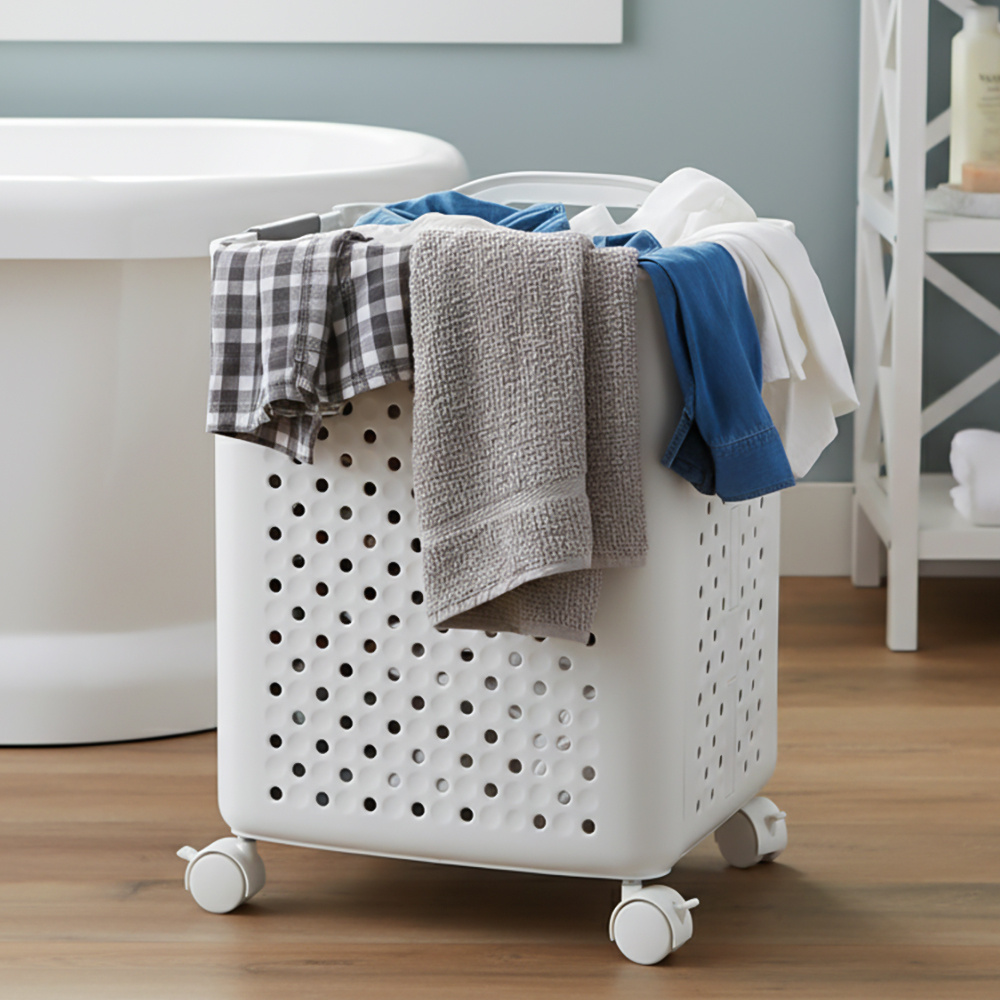 TEMU White, Foldable Laundry Basket For Home Use, Organizer For Bathroom Dirty Clothes And Towels With Wheels, High-quality Plastic, Large Capacity