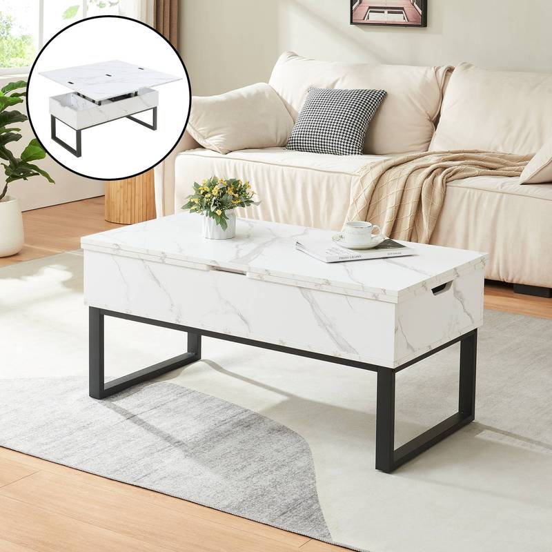 Image of Coffee Table With 2 Tops And 3 Inner Compartments, 100 X 50 Cm, Rectangular Living Room Table With Metal Frame