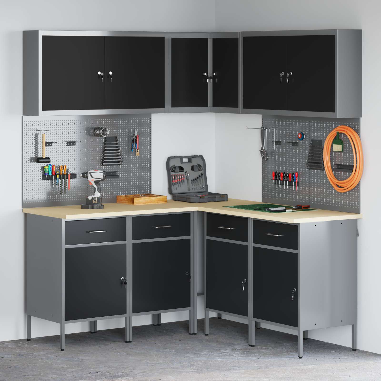 Image of Vidaxl Workbench Set With Drawers 12pcs Black And Gray, Workshop Tool Cabinet, Square , For Indoor, Durable Locking System For