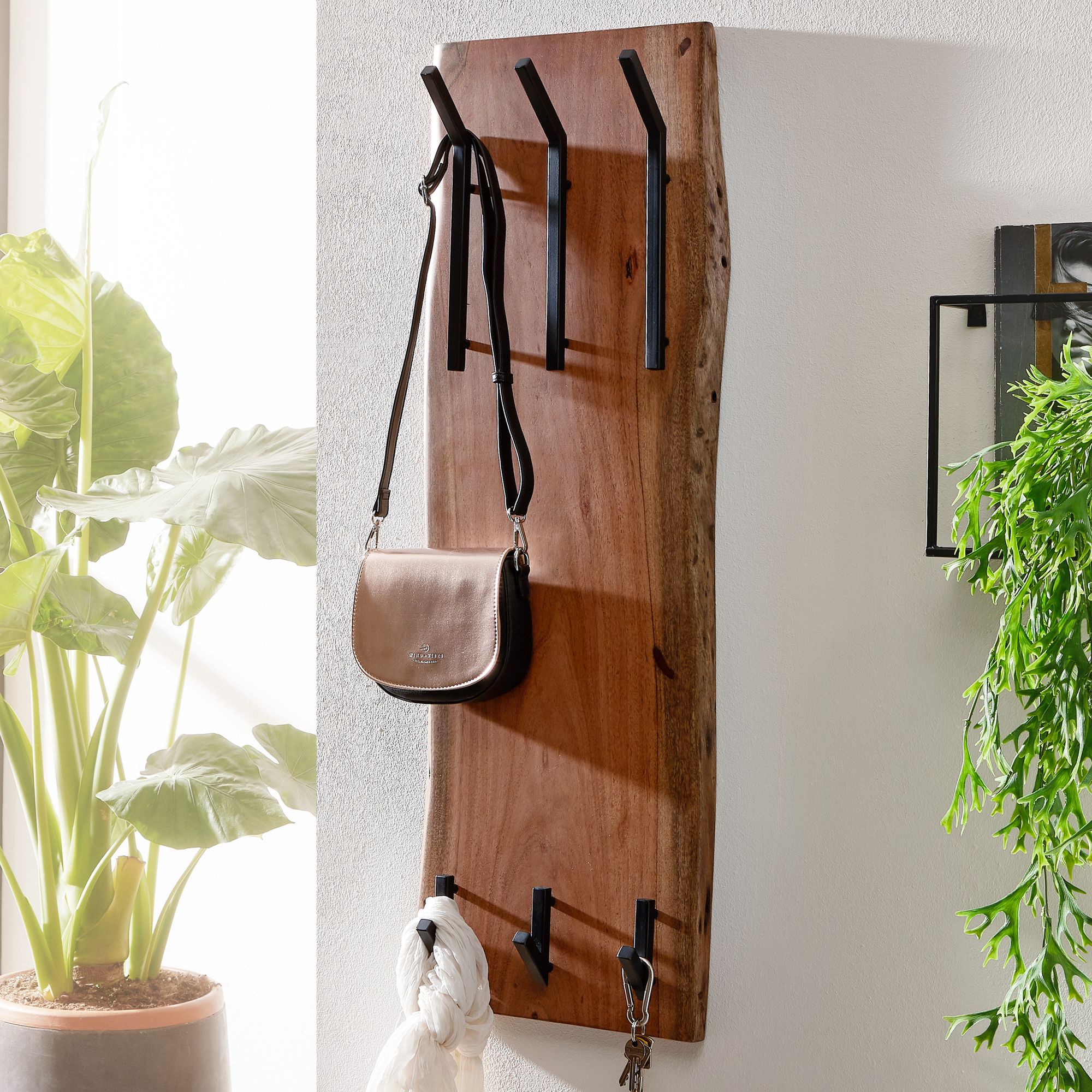 Image of Design Coat Rack Acacia Solid Wood / Metal 35.5 X 100 X 11 Cm, 2-tier Hook Strip Hall Coat Rack Wall, Wooden Coat Rack