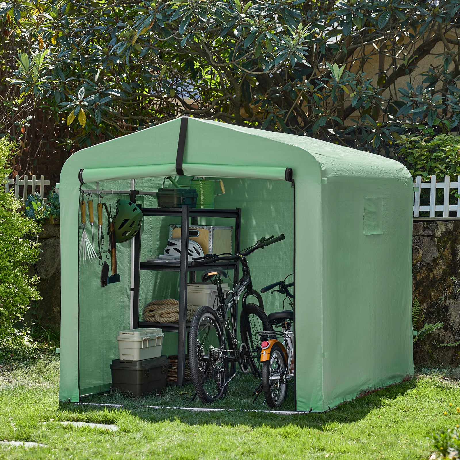 Image of Sobuy Weatherproof , Tool Shed For 2-4 Bikes, Carport Tent With Uv Protection, Bike Shed For Rain Protection, Motorcycle Garage, Garden Shed, Green, 159x165x219cm, Kls11-l-gr