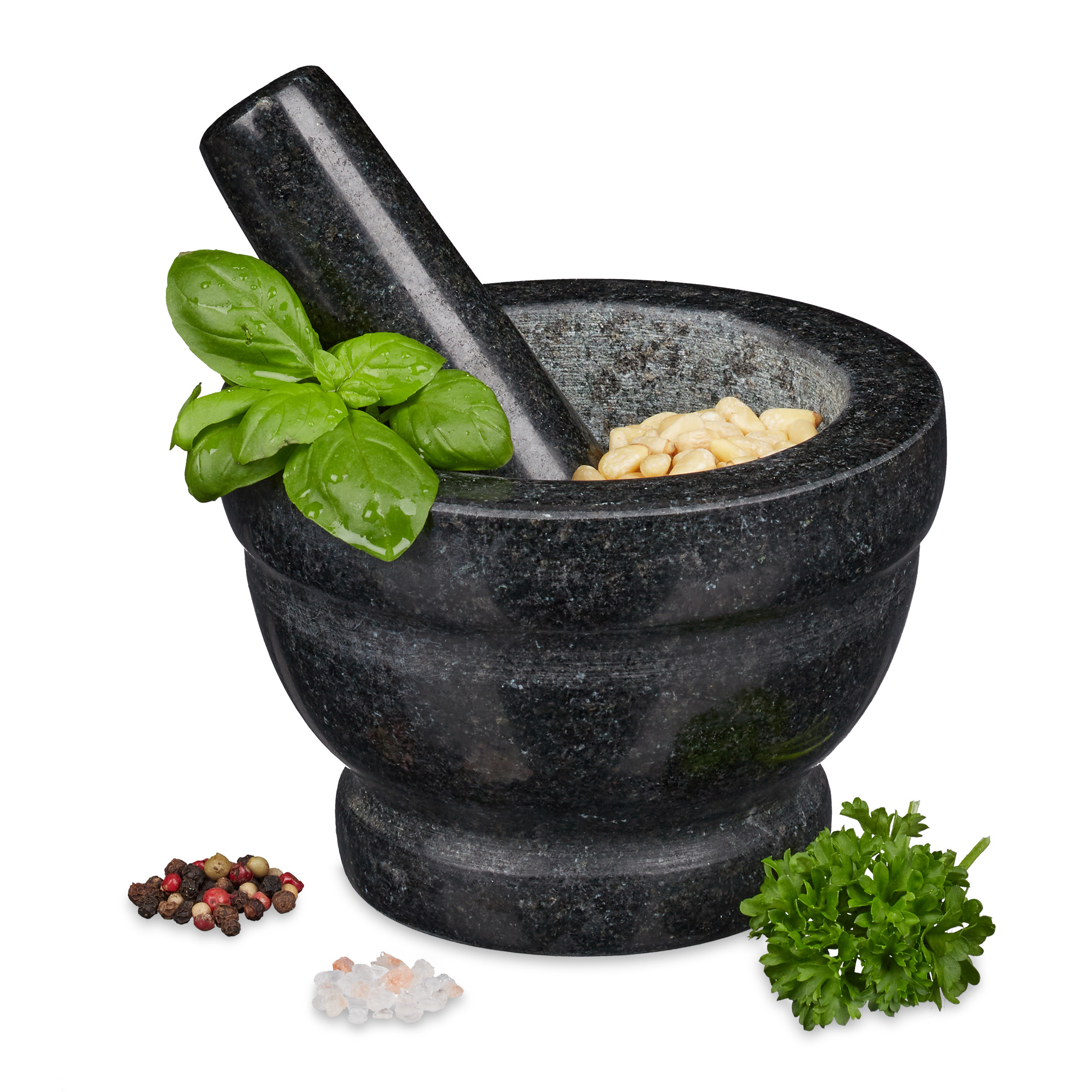 TEMU Granite Mortar, 400 Ml, Ø , Height 10 Cm, Polished Surface, Rough Interior, With Granite Pestle X 4 Cm, Grey, For Spices, Herbs, Dried Fruit,