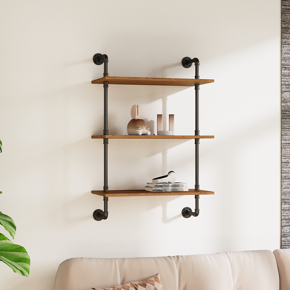 3 Tier Industrial Pipe Floating Shelf with Solid Wood Board, Open Vertical Shelf Rustic Wall Mounted BookShelf Space-saving Storage Rack, Easy Assembly, Kitchen Spice Rack, Bathroom Shelf, Storage Organizer for Books, Pictures, Plants, Sundries in Living Room, Bedroom, Hallway, Entryway, 60x30x89.7cm
