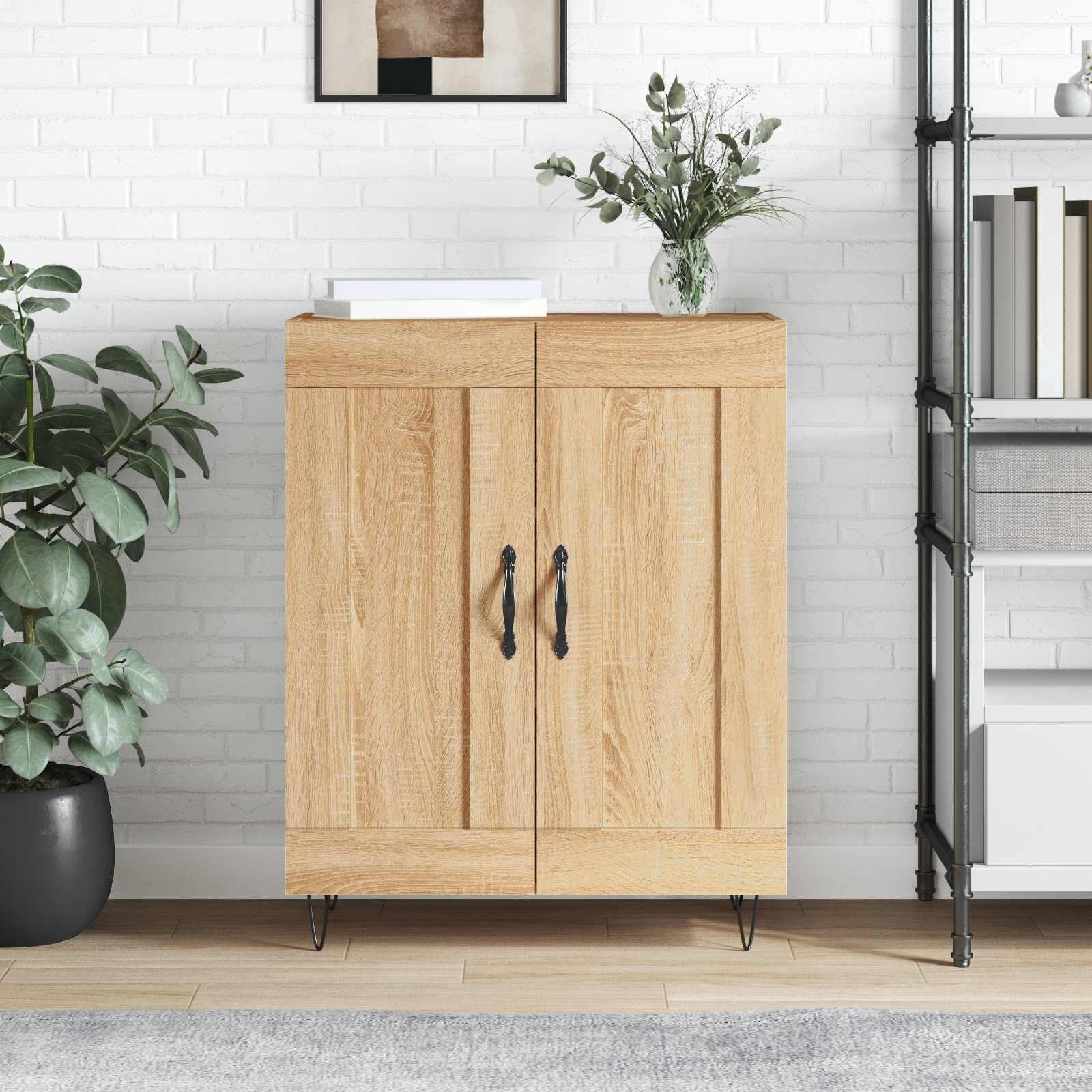 Image of Sideboard Oak 69.5x34x90 Cm Wood Material, Modern Rectangular Sideboard, Storage Space, Sturdy Design With Doors, Practical Handle Strips