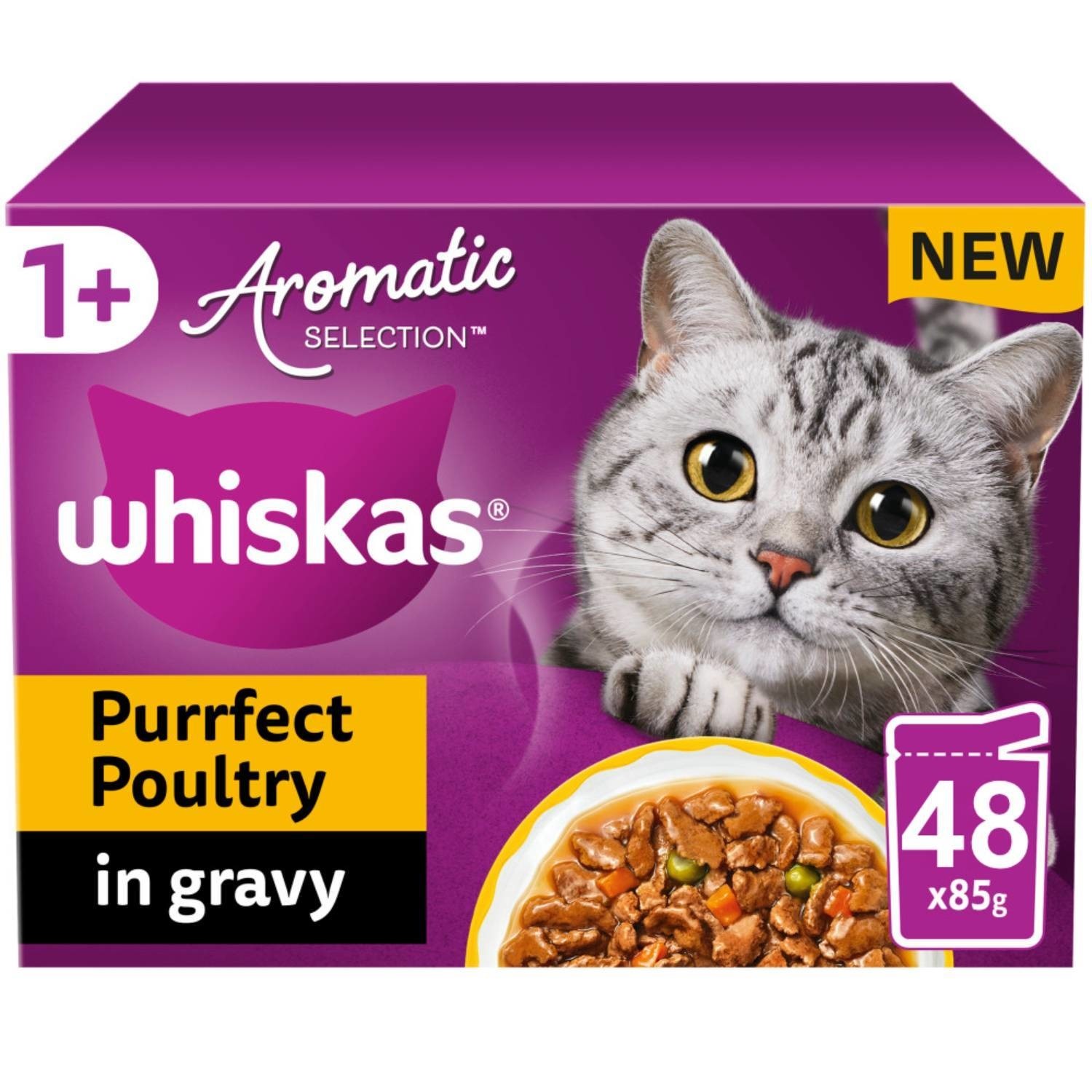 TEMU 48 X 85g Whiskas 1+ Adult Wet Cat Food Pouches Aromatic Poultry In Gravy