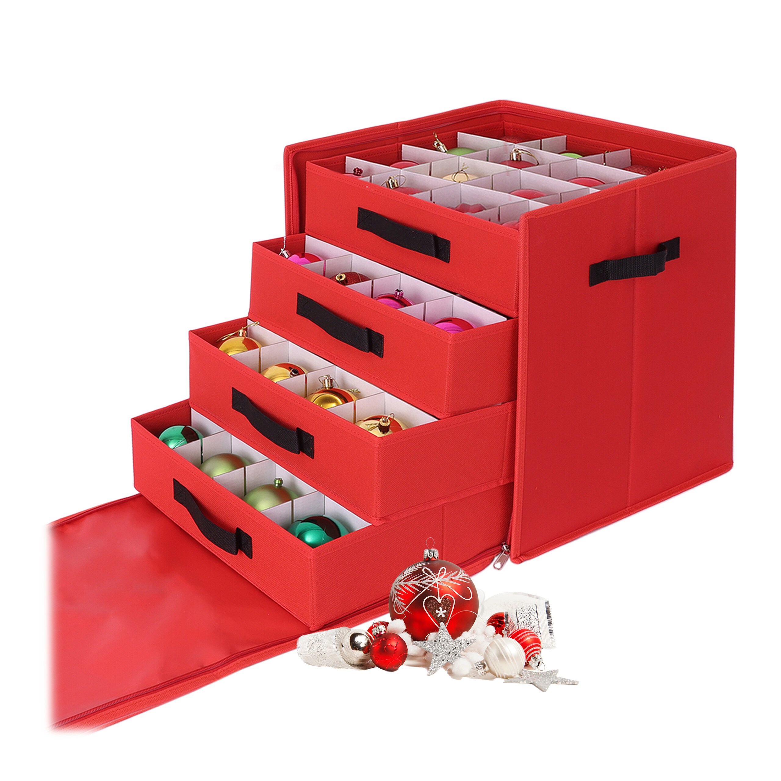 TEMU Boîte à boules avec tiroirs, 64 boules, 40 x x cm, polyester, carton, non-tissé et plastique, rouge, séparateurs réglables, poignées de