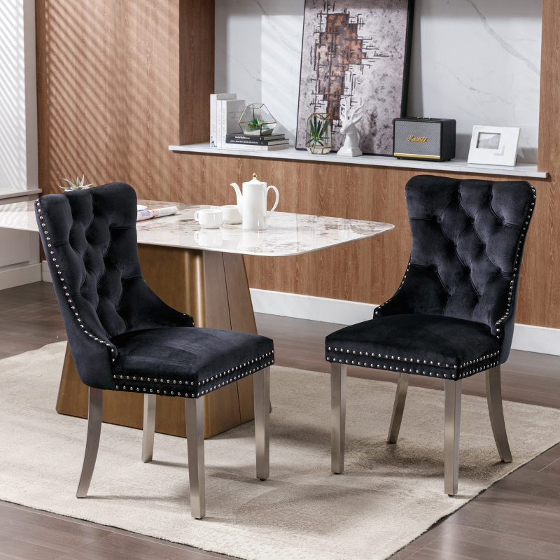 Modern, High-end Tufted Solid Wood Contemporary Velvet Upholstered Dining Chair with Chrome Stainless Steel Plating Legs,Nailhead Trim,Set of 2,Black and Chrome, DE1701BK