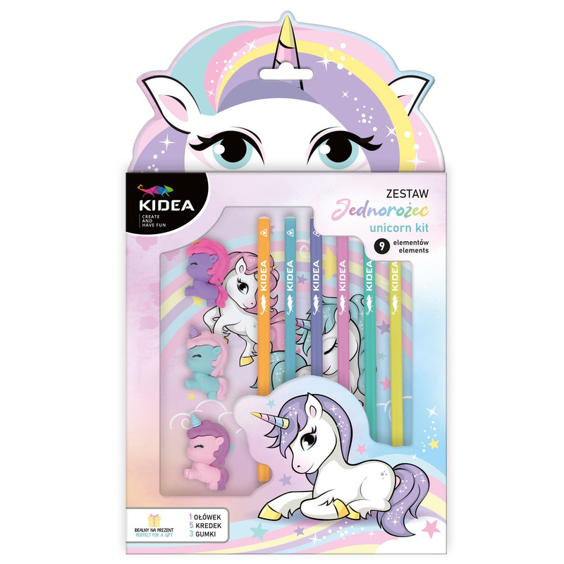 Pencil, Colored Pencil, Eraser – 9-piece "unicorn" Set By Kidea