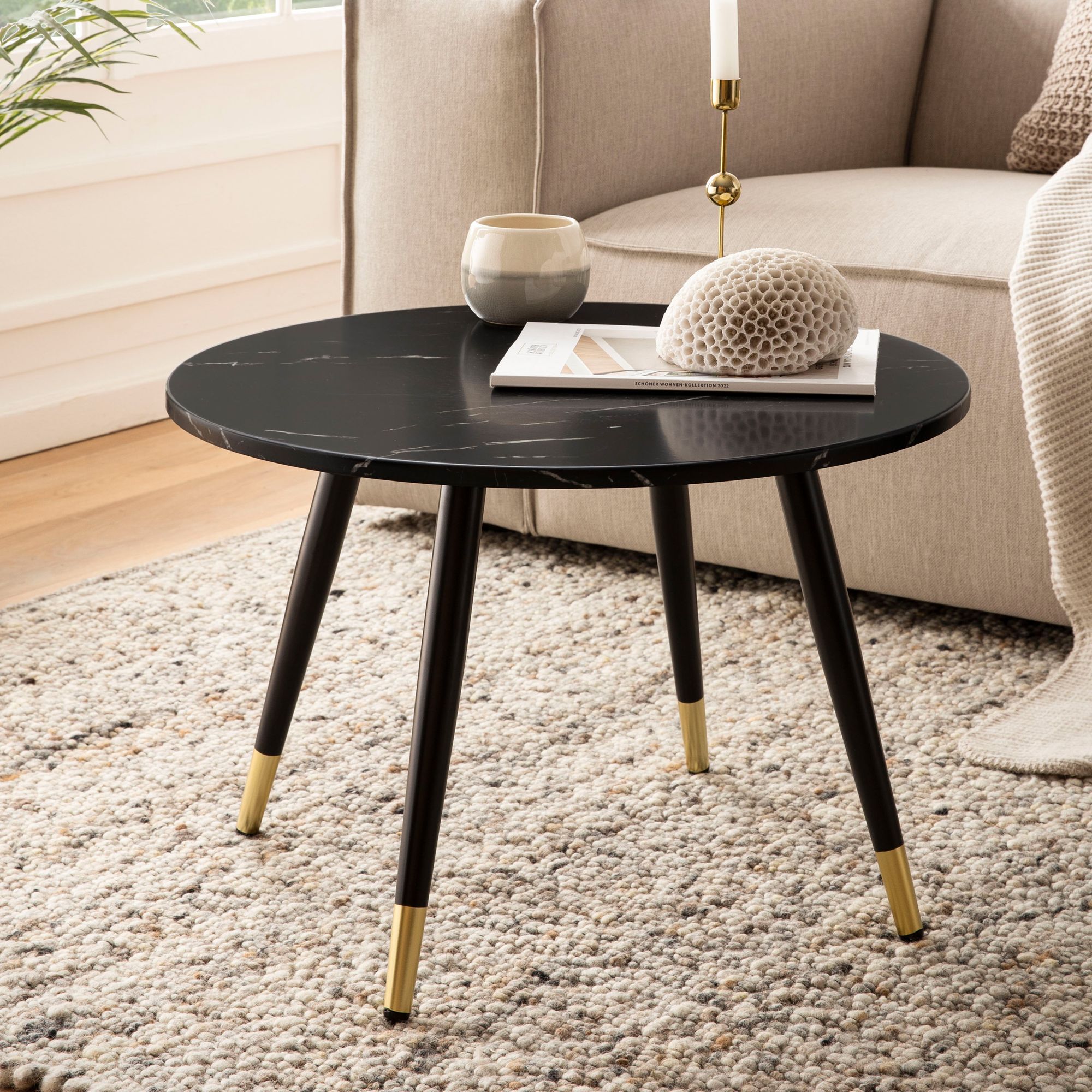 Coffee Table 60x60x41 Cm With Marble Optic Modern, Design Living Room Table With Metal Frame, Round Side Table, Living Room Side Table