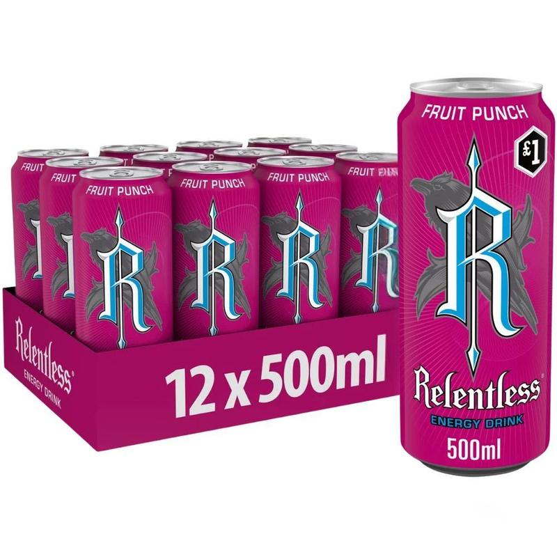 TEMU Relentless Fruit Punch Energy Drink Pmp 500ml, Pack Of 12 - Fruit Punch Flavoured Energy Cans