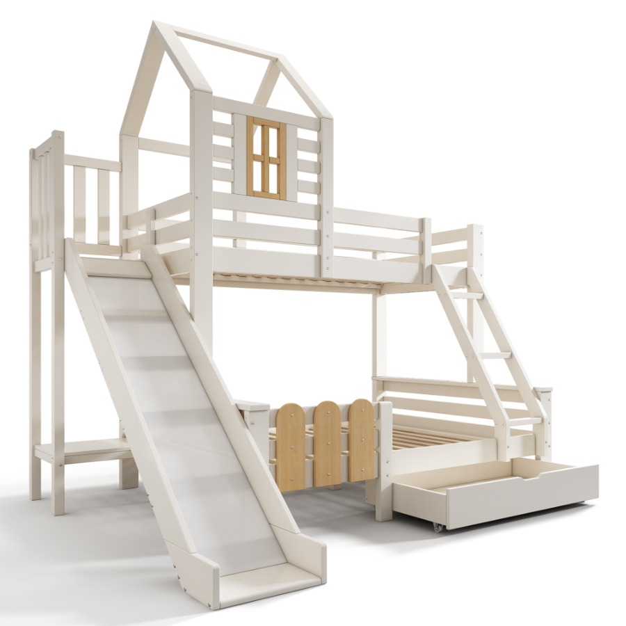 Bunk Beds for Kids, Wooden Cabin Bed with Ladder and Slide, Multi-functional Tree-house Bed, Children's House Bed, Twin Sleeper (90+135) x 190 cm, Solid Wood, White