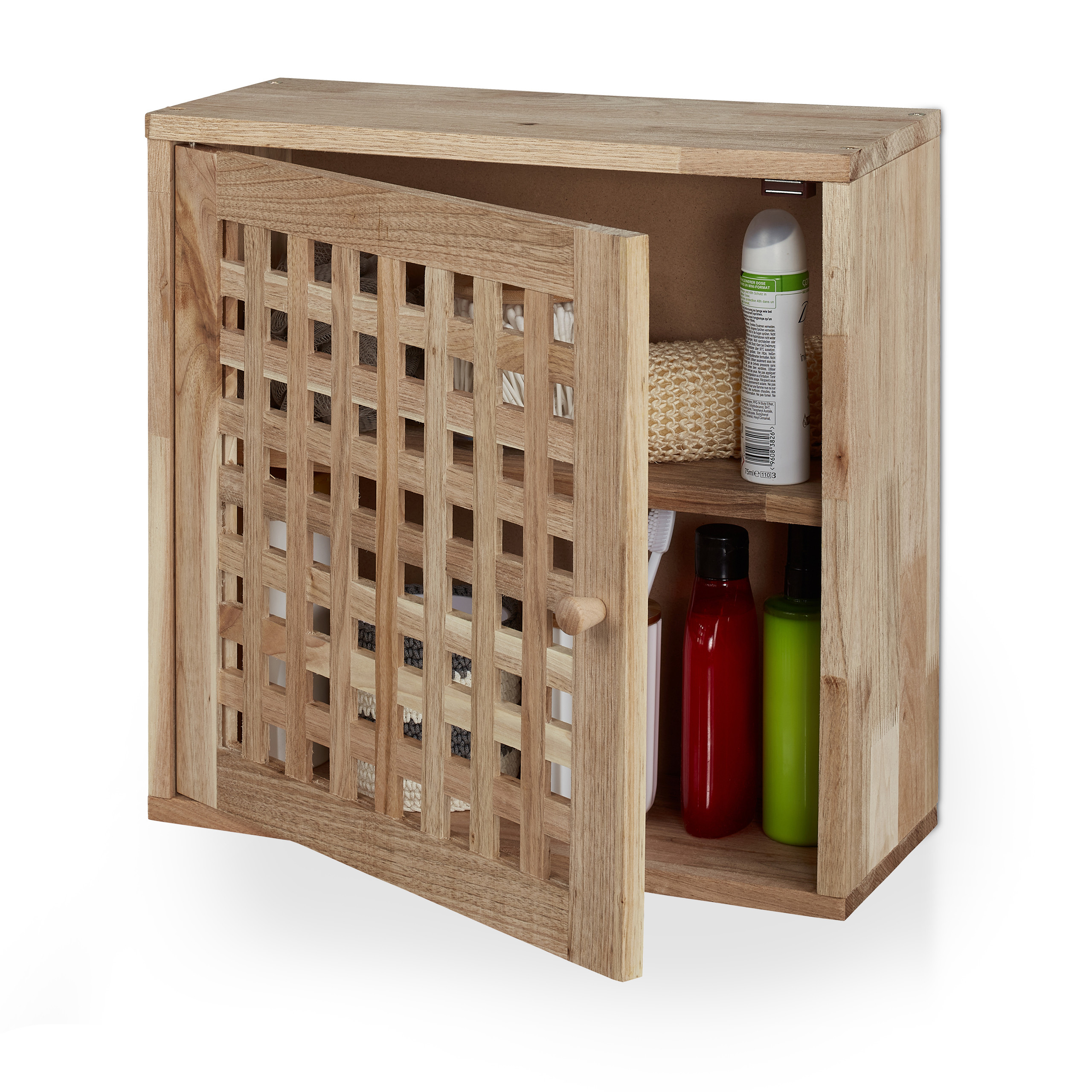 TEMU Wall-mounted Grid Door, 2 Compartments, 42 X 42 X 18 Cm, Walnut Wood, Natural Finish, Magnetic Closure, Compact Space, For Bathroom, Toilet,