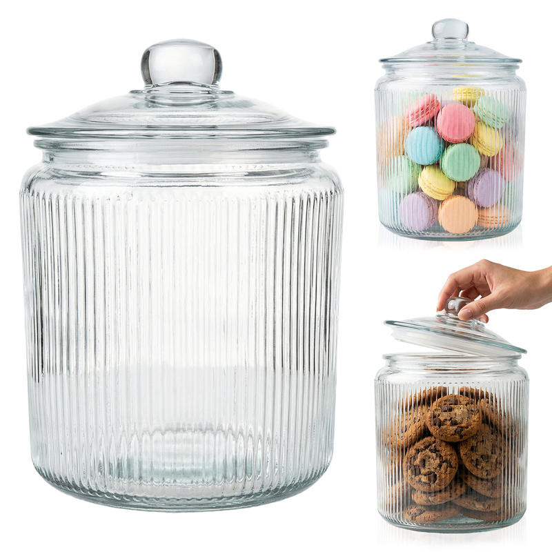 4l Ciacho Ribbed Glass Jar With Glass Lid - For Sweets, Cereals, Pasta