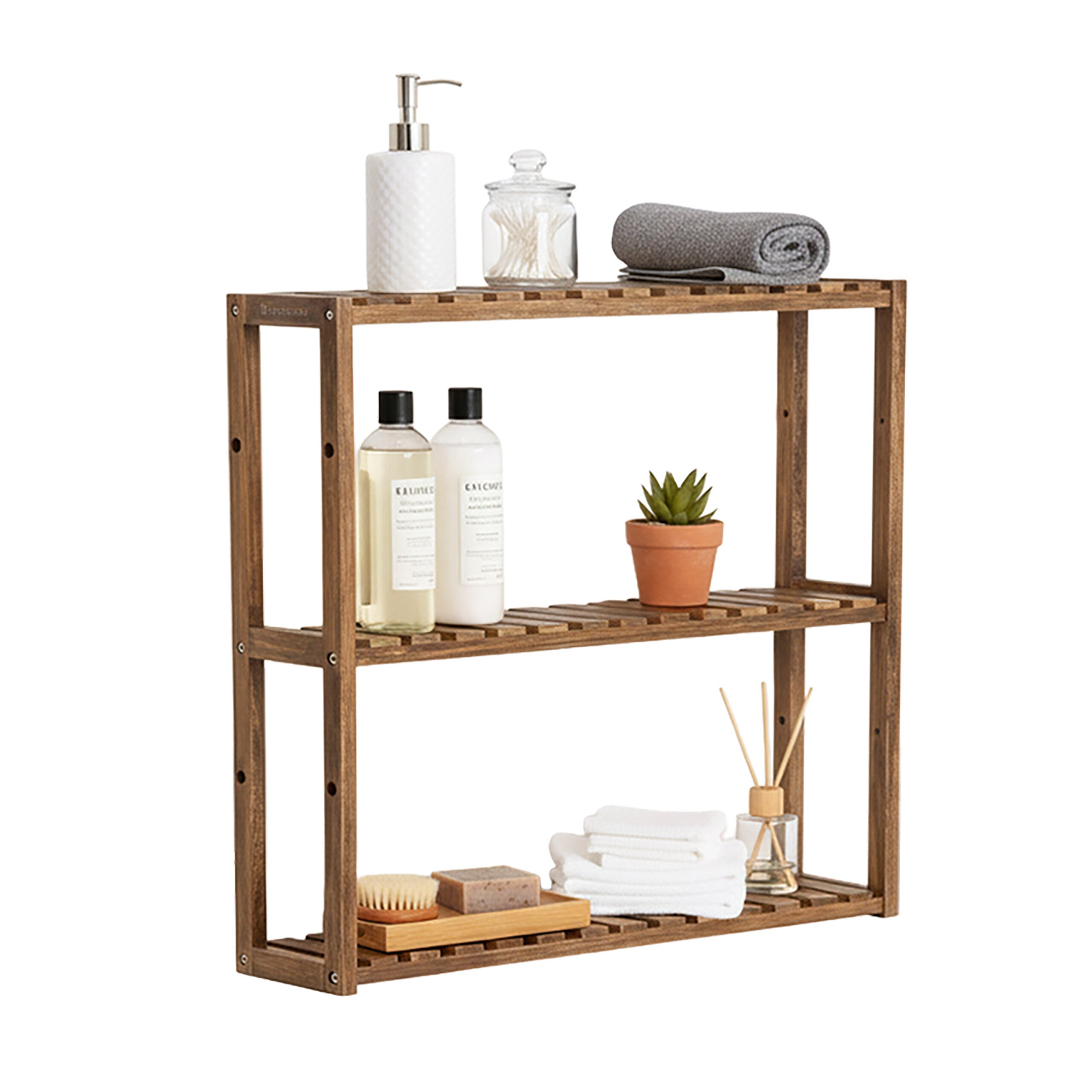 TEMU Wandregal schmal, 3 Ablagen, geöltes Akazienholz, 54 x 60 x 15 cm, natur, zum Hinstellen oder Aufhängen, für Bad, Küche, Wohnzimmer und Flur,