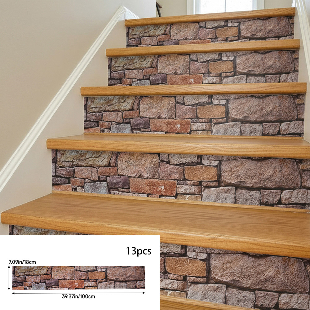 TEMU 13pcs Brick Pvc Vinyl Stair Tread Stickers, Self-adhesive 3d Tile-wall Panel, Vinyl Wall Tiles Decals Adhesive Self, For Entryway Rental Home