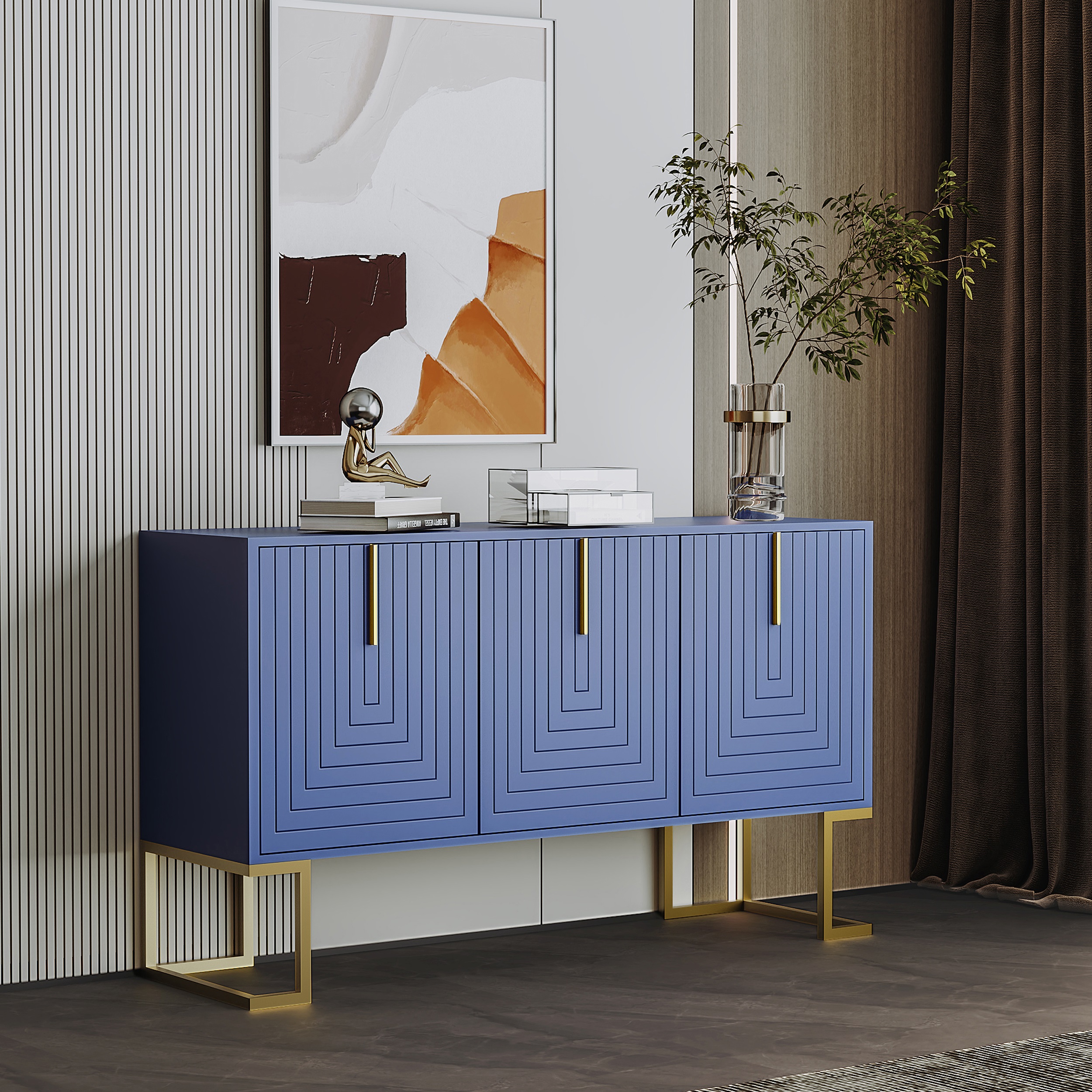 Image of Modern 3-door Sideboard With Adjustable Shelves, U-shaped Cabinet Doors, Metal Handles, And For Dining Room And Kitchen (navy Blue)