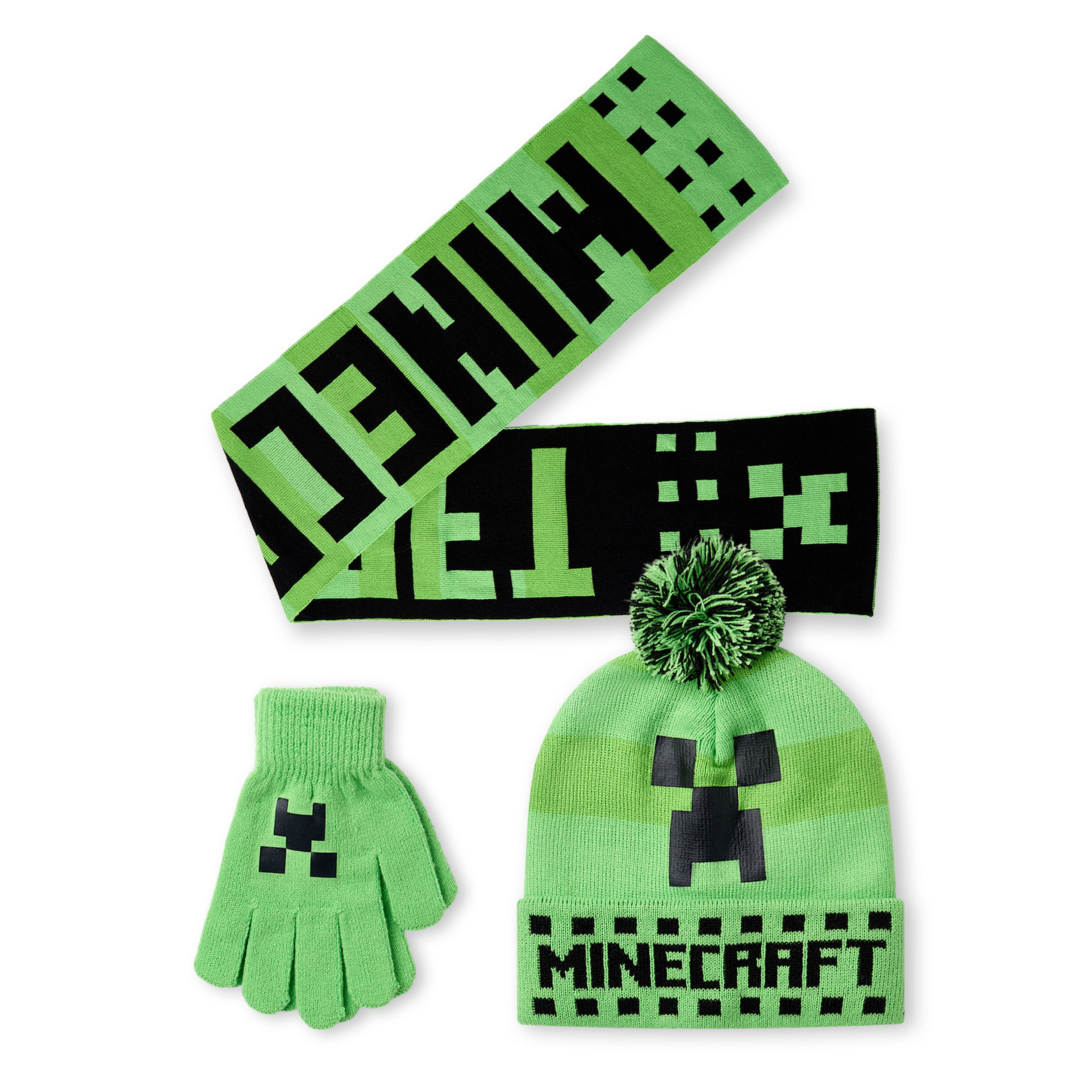 TEMU Boys Beanie, Gloves & Scarf Set | Size Green Knitted Winter Pom Pom Hat | Warm Gloves & Scarf With Creeper Character Face And Logo | Mojang Gift