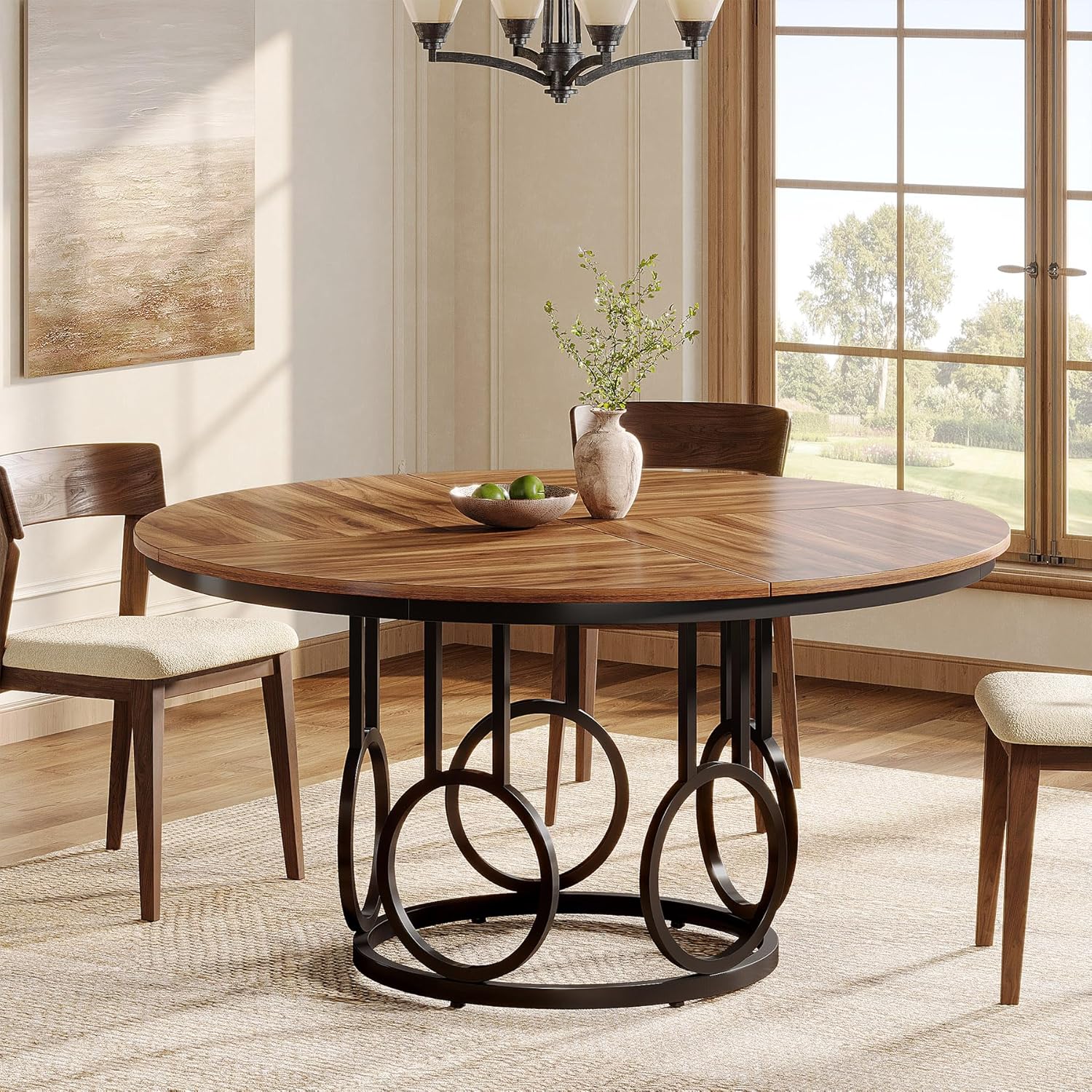 E-shop Vintage 120cm Runder Esstisch, Bauernhaus Holz Küchentisch mit Stabiler Metallbasis für 4-6 Personen, Großer Kreis-Dinner-Tisch für Esszimmer,