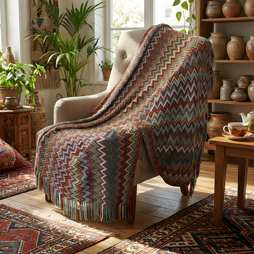 TEMU 1pc Bohemian Style Knitted Throw Blanket With Tassels, Soft & Lightweight, Comfortable Sofa Blanket, Wave , Towel Blanket, Ideal For Napping,