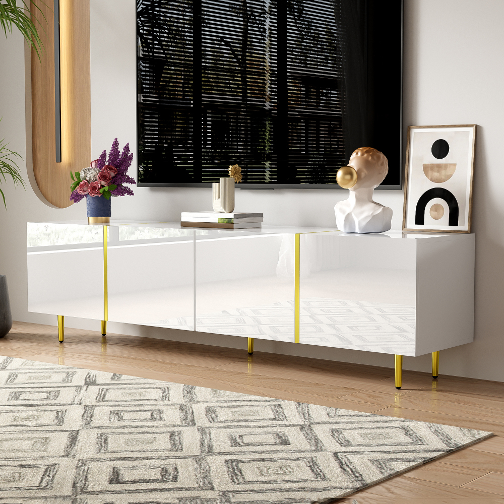 Image of Tv Lowboard With , High Gloss White With Gold Accents, Tv Cabinet, Living Room Cabinet, Media Furniture With Soft Close Function, Storage Space For Flat Screen Tv