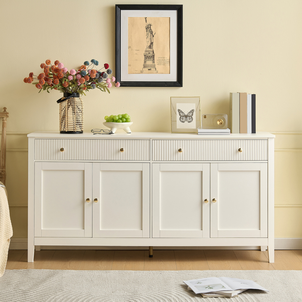 Image of Sideboard With & 2 Drawers | White Lacquer & Gold Handles | Vertical Drawer | Storage Space For Kitchen Utensils, Dishes, Decor | For Dining Room, Kitchen, Living Room | Modern & Luxurious