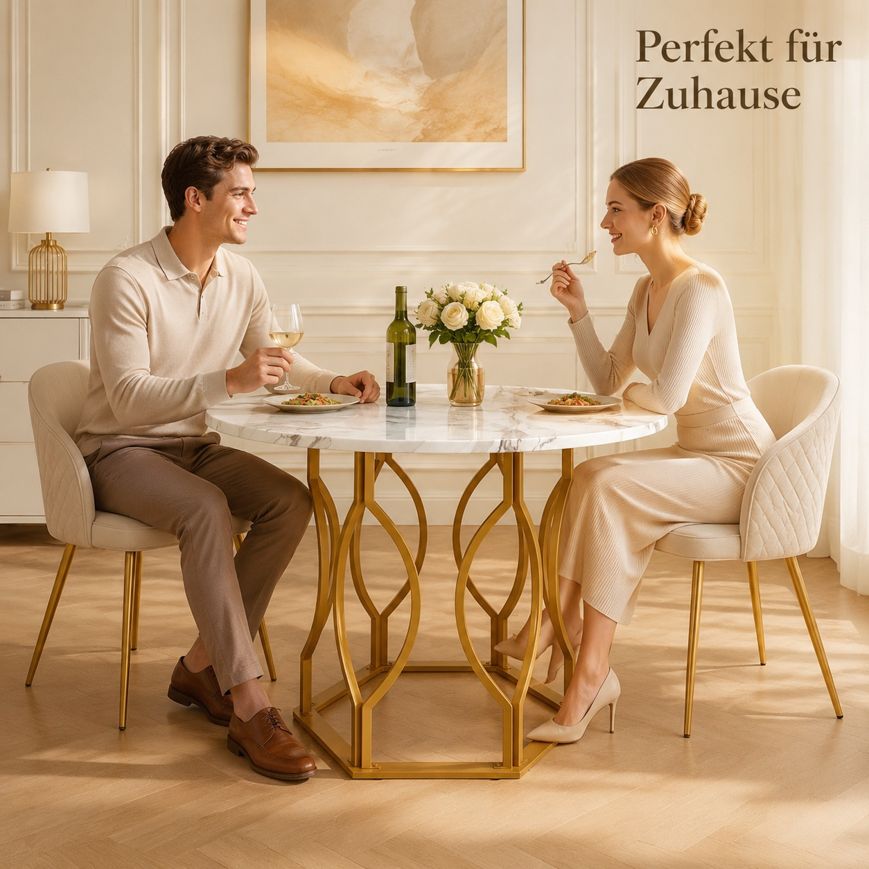 Image of 100x100x76cm, Round Dining Table 100cm Marble Look With Gold-colored Metal Frame, Luxurious Kitchen Table For Dining Rooms And Commercial Areas