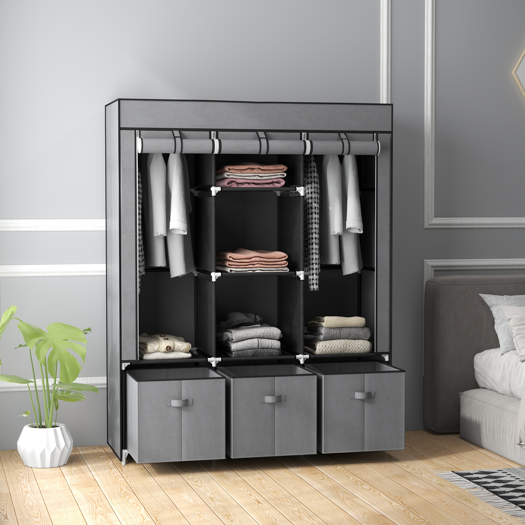 Image of Wardrobe Fabric Wardrobe With Clothes Rail, Drawers, Zip Foldable Closet For Bedroom, Dressing Room, 125 X 162.5 Cm, Dark Grey