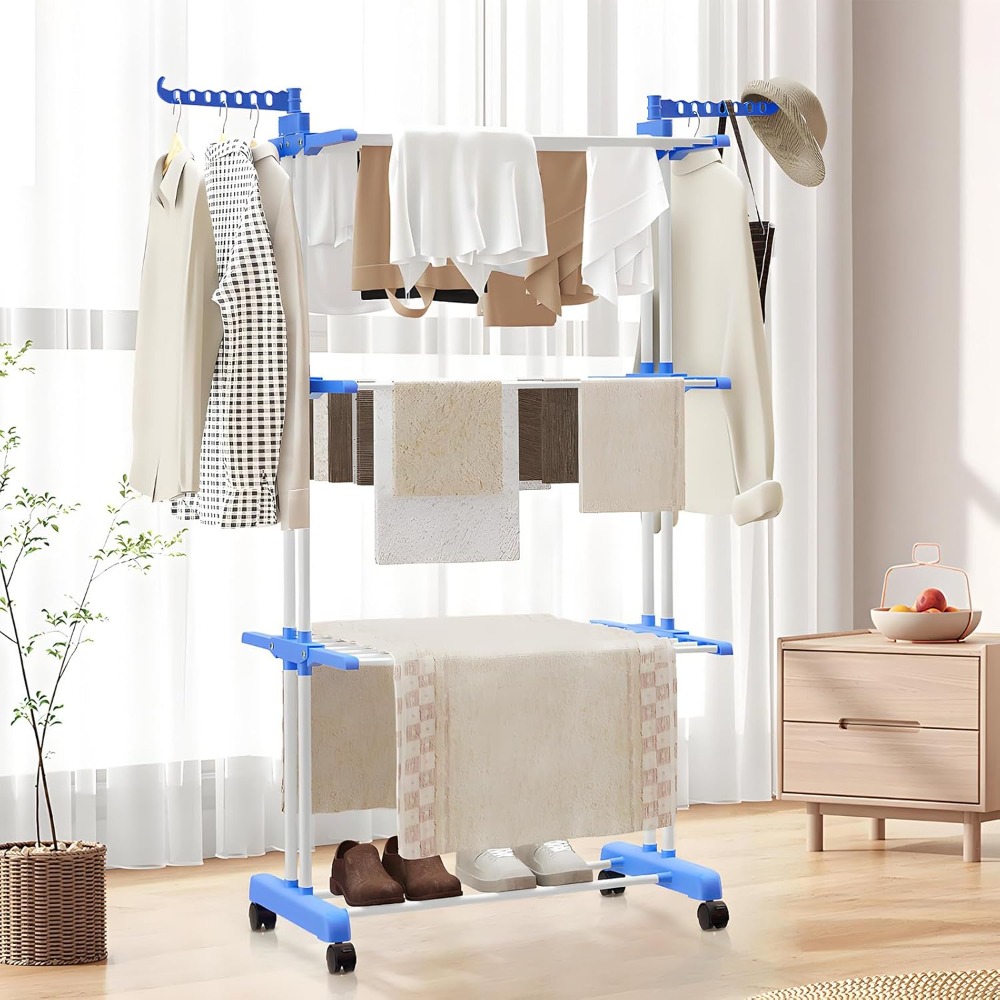 TEMU 4-tier Clothes Drying Rack Airer Foldable Rolling Laundry Hanger With Adjustable Height Stainless Steel Airer With Casters Indoor/outdoor Use