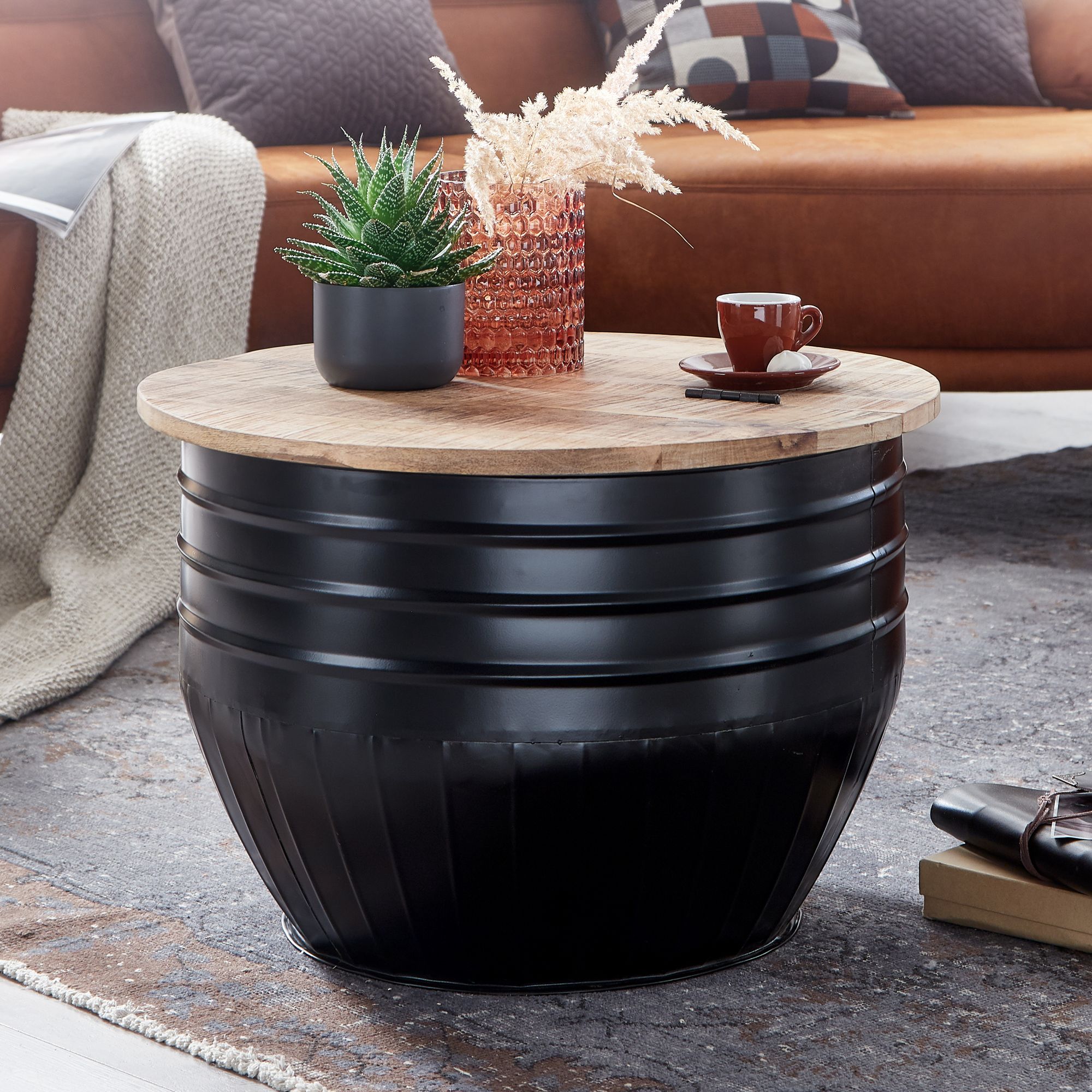 Mango Solid Wood Metal Coffee Table 60x41x60 Cm Industrial Style Round, Living Room Table With Storage, Modern Lounge Table Sofa Table Black