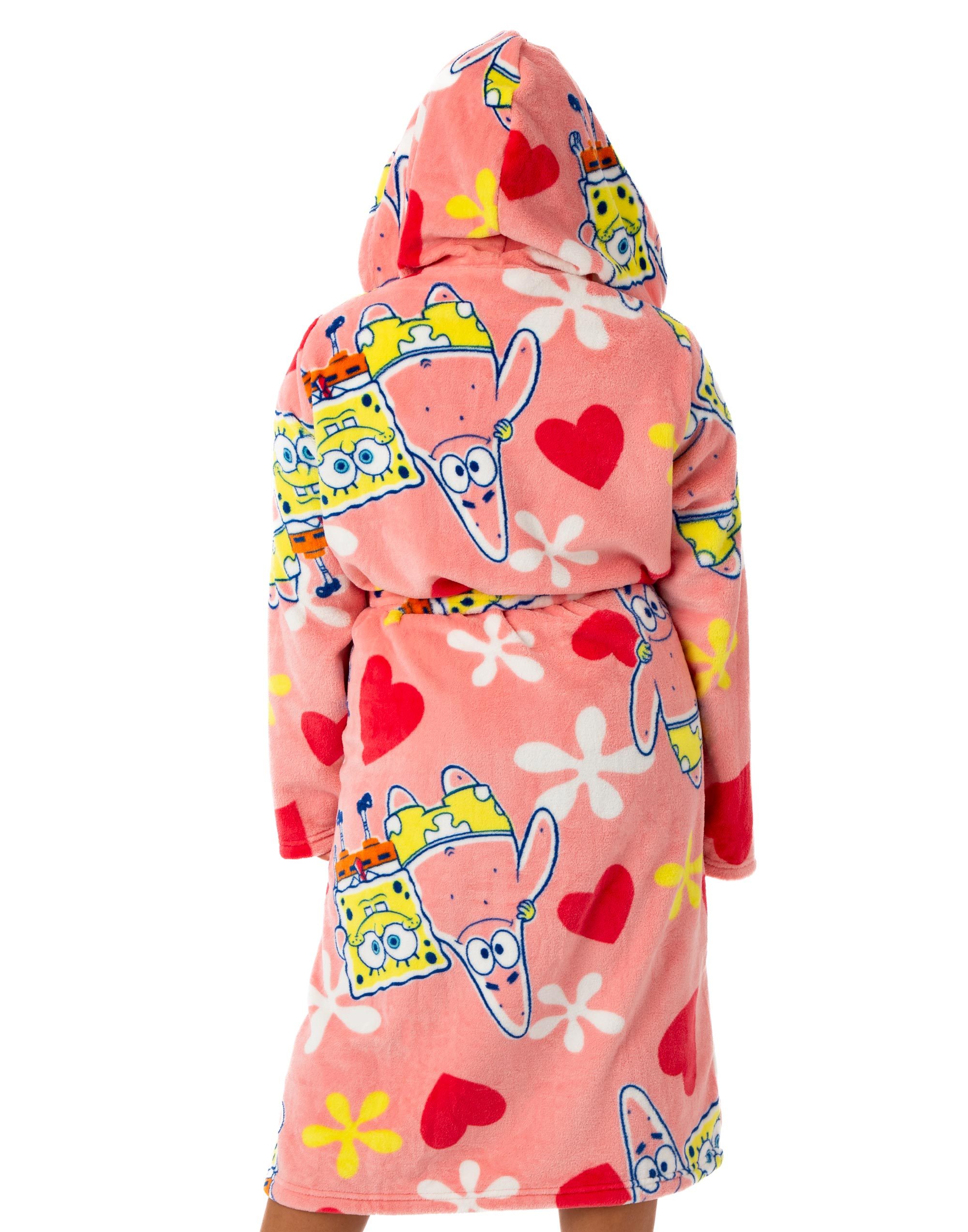 SpongeBob SquarePants Womens Bathrobe | Ladies Pink Dressing Gown | All over Print Sponge Bob & Patrick Loungewear | Cartoon Hooded Toweling Lounge Robe Merchandise Gift for Her