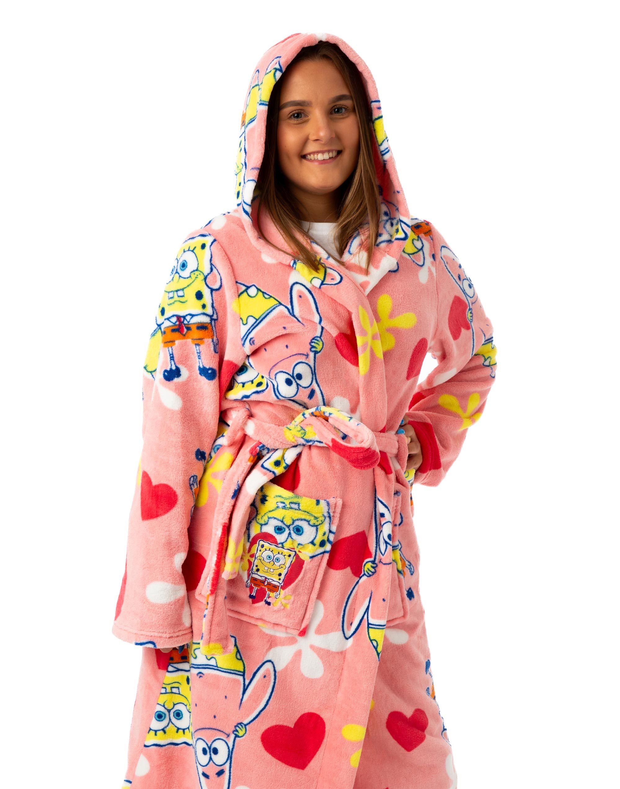 SpongeBob SquarePants Womens Bathrobe | Ladies Pink Dressing Gown | All over Print Sponge Bob & Patrick Loungewear | Cartoon Hooded Toweling Lounge Robe Merchandise Gift for Her