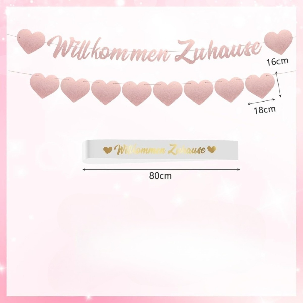 Welcome Banner & Garland Decoration Set For Babies – Pink Welcome Banner, Heart Garland & Ribbon For Newborn Celebration