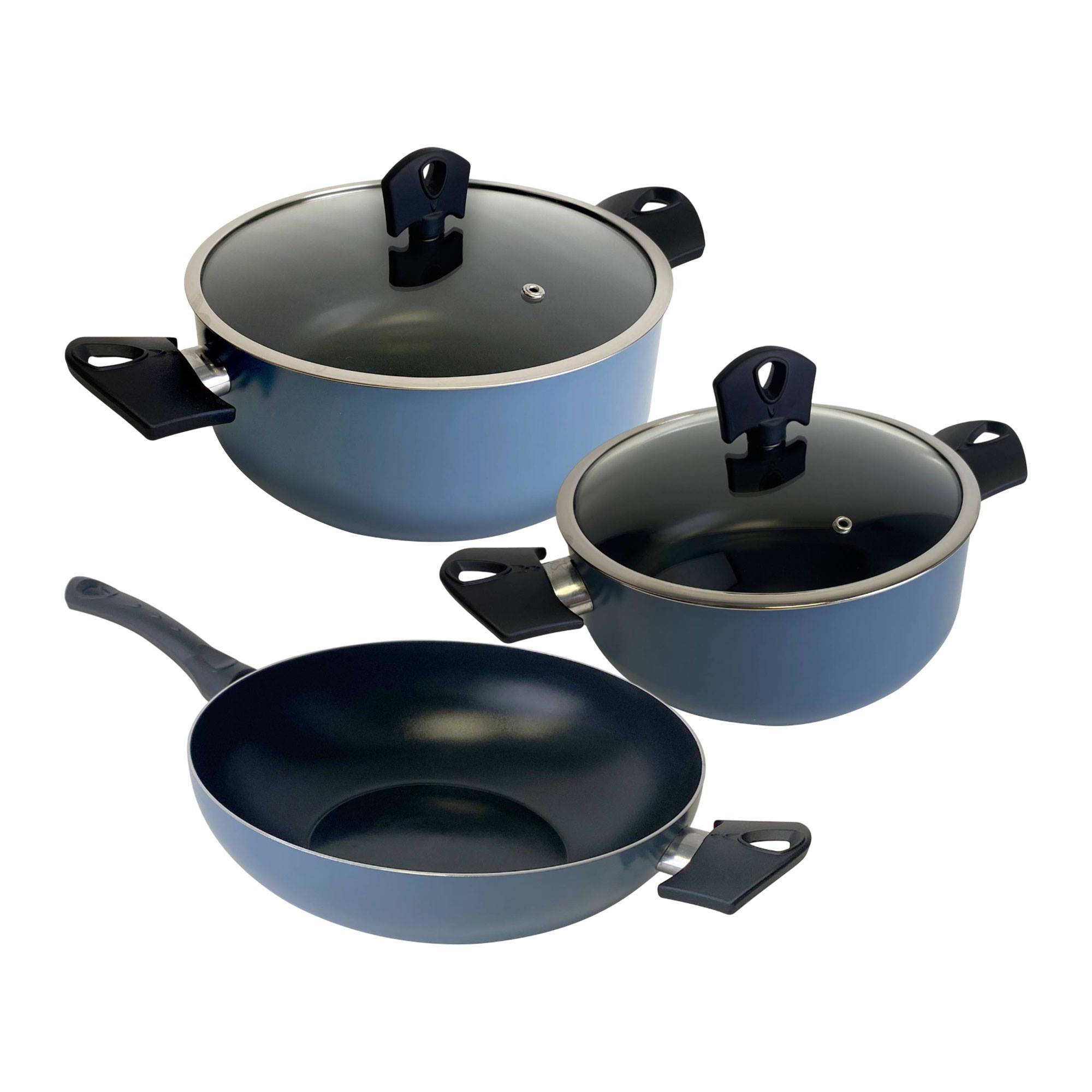 Image of Noia San Blue Aluminum Cookware Set: Ø20/24cm Pots, Ø30cm Wok, Ø20/26cm Pans & Utensils