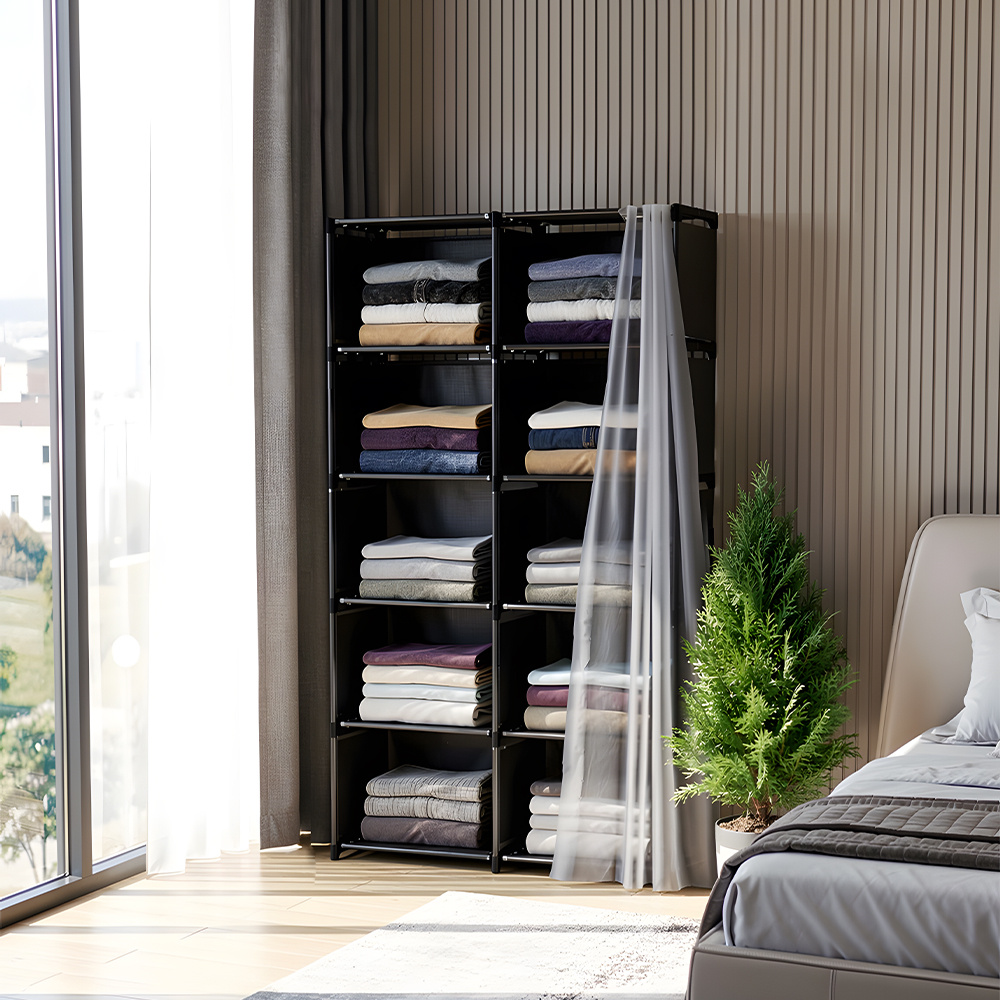 TEMU 5-tier Clothes Wardrobe, Portable Closet With Curtain Cover, Double Row Shelves 10 Grids Storage Compartments, Easy-assemble Simple Clothing