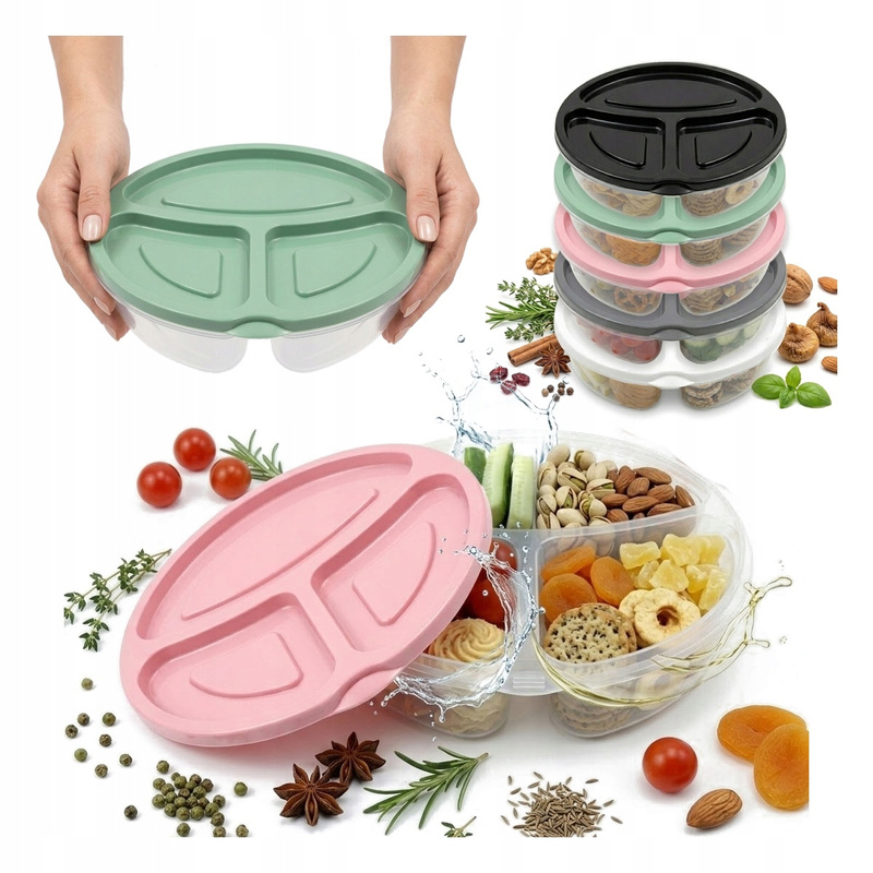 Image of Round Snack Container 0.6l Box 3 Compartments Food Organizer
