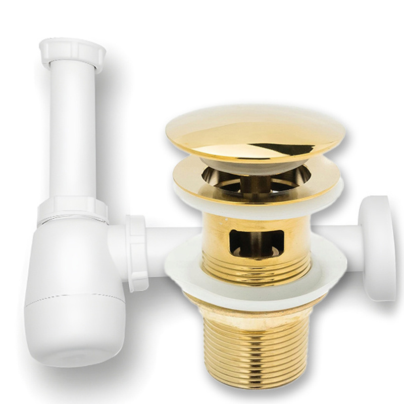 Set: Click- Drain Plug With Gold Overflow + Sink Siphon