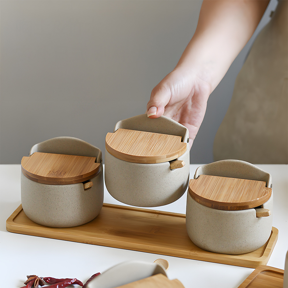 TEMU Ceramic Spice Jars With Bamboo Wood Lids, Kitchen Storage Jar Set With Tray For Sugar, Ginger, And Cinnamon, Restaurant Household Salt And Sugar