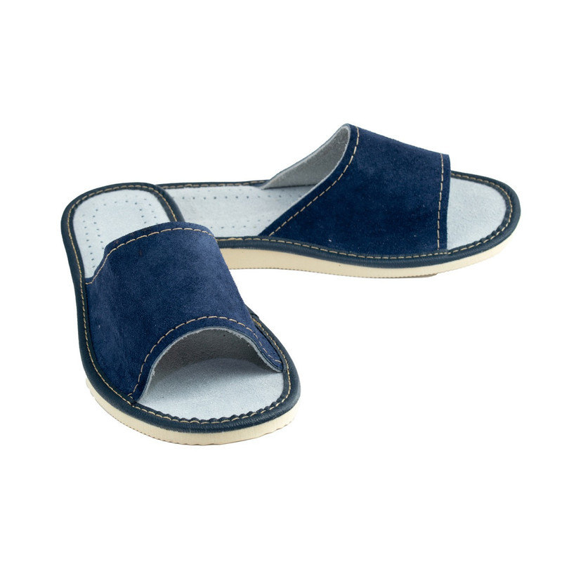 Navy Blue Women's Leather Slippers, Comfortable, Contoured House Slippers - Size 050